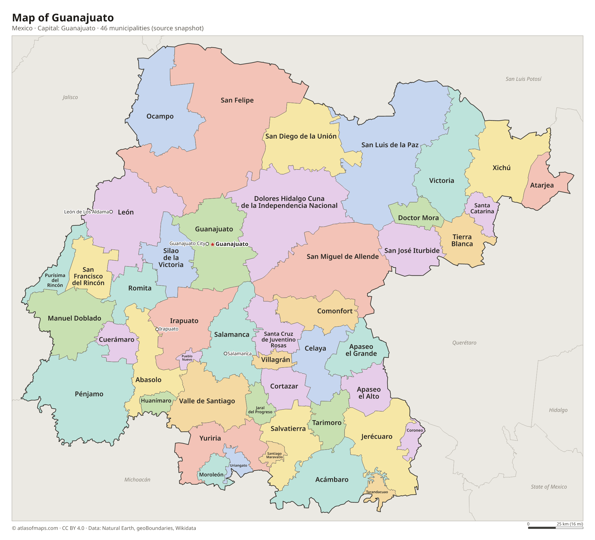Map of Guanajuato with the capital Guanajuato, cities and municipalities