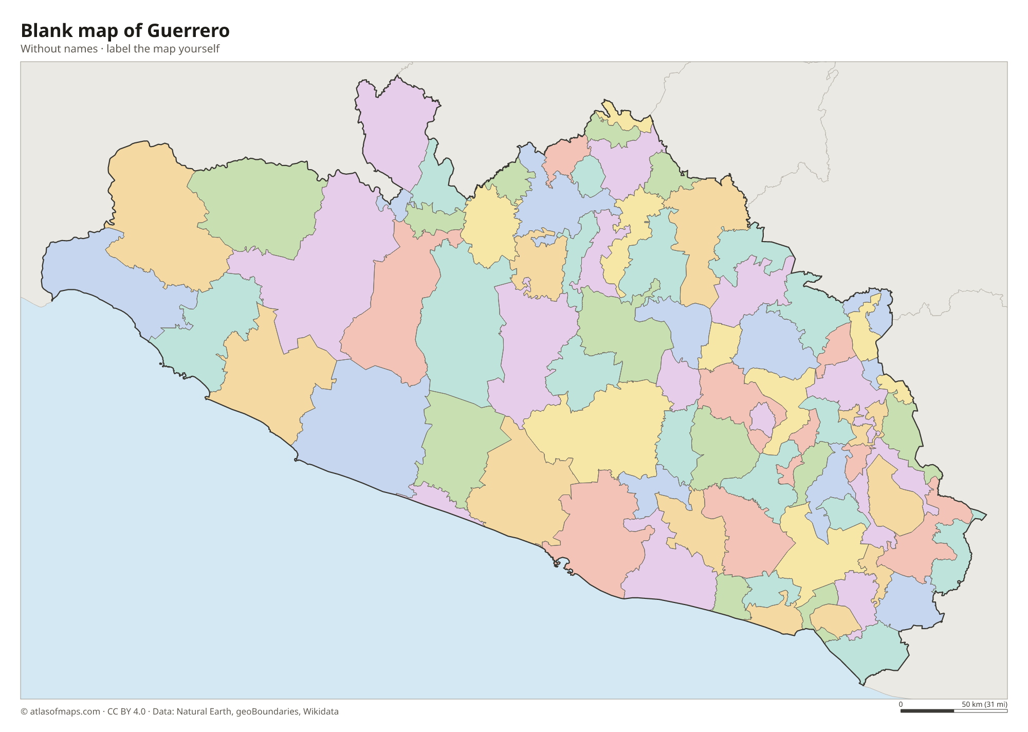 Blank map of Guerrero without names