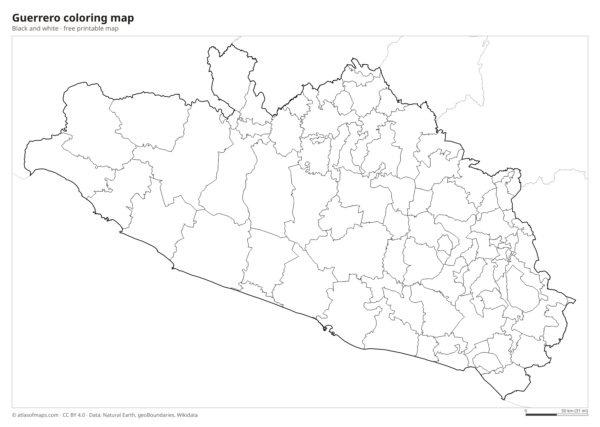 Black-and-white coloring map of Guerrero