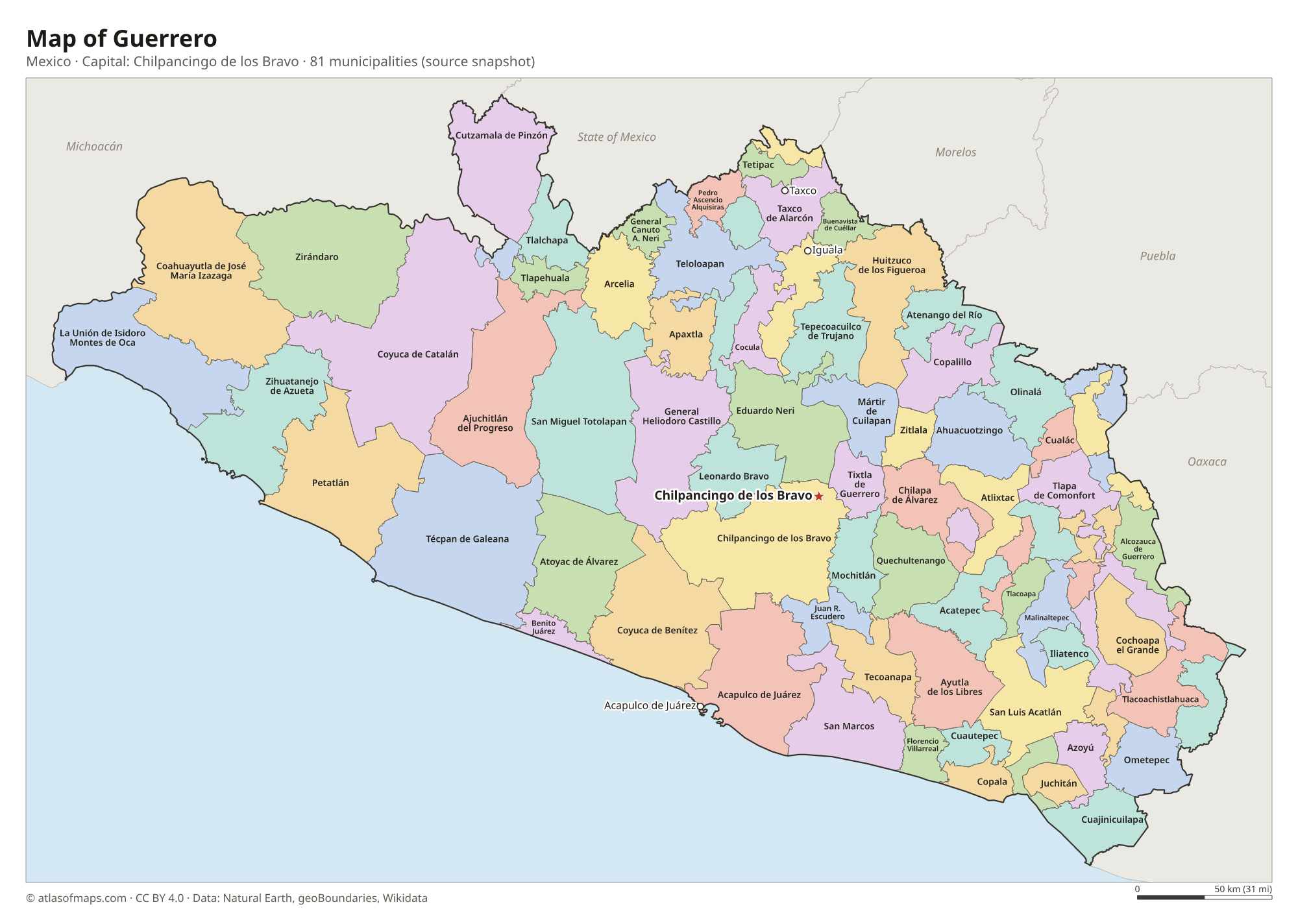 Map of Guerrero with the capital Chilpancingo de los Bravo, cities and municipalities