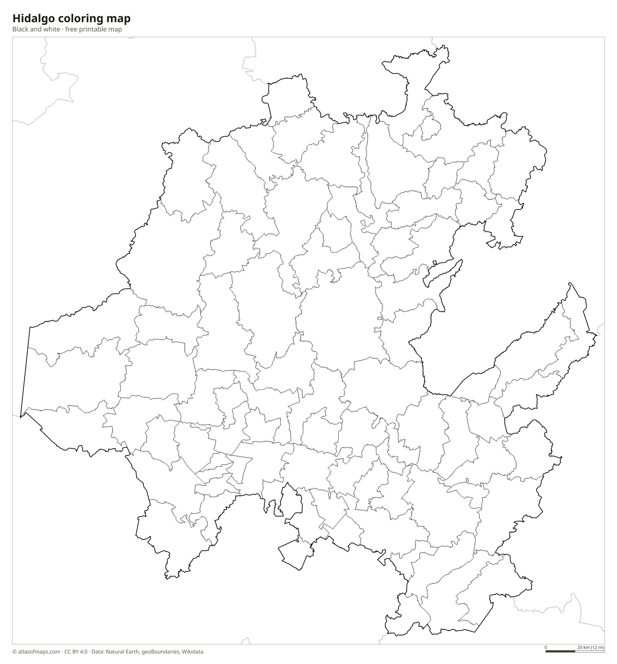 Black-and-white coloring map of Hidalgo