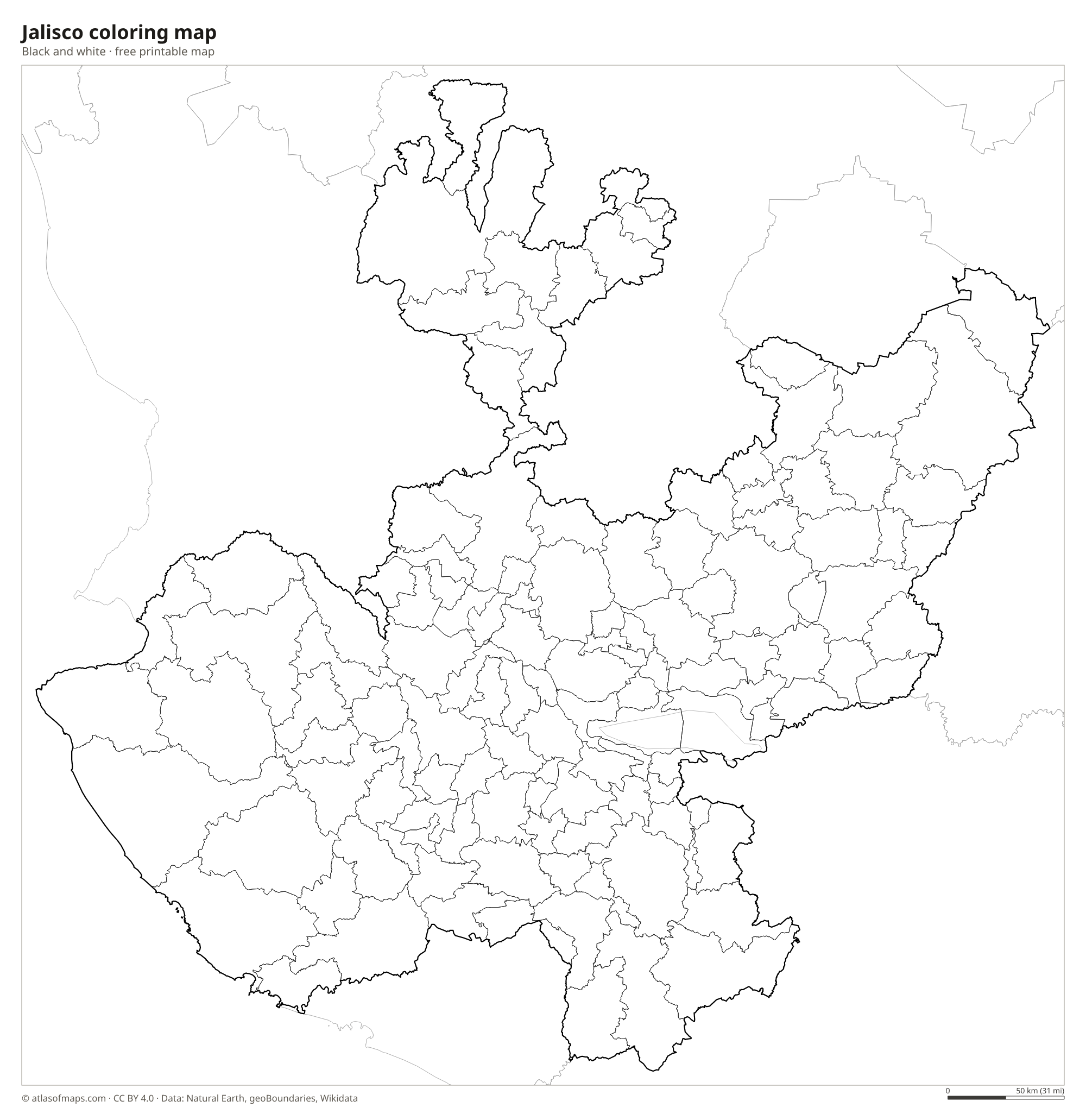 Black-and-white coloring map of Jalisco