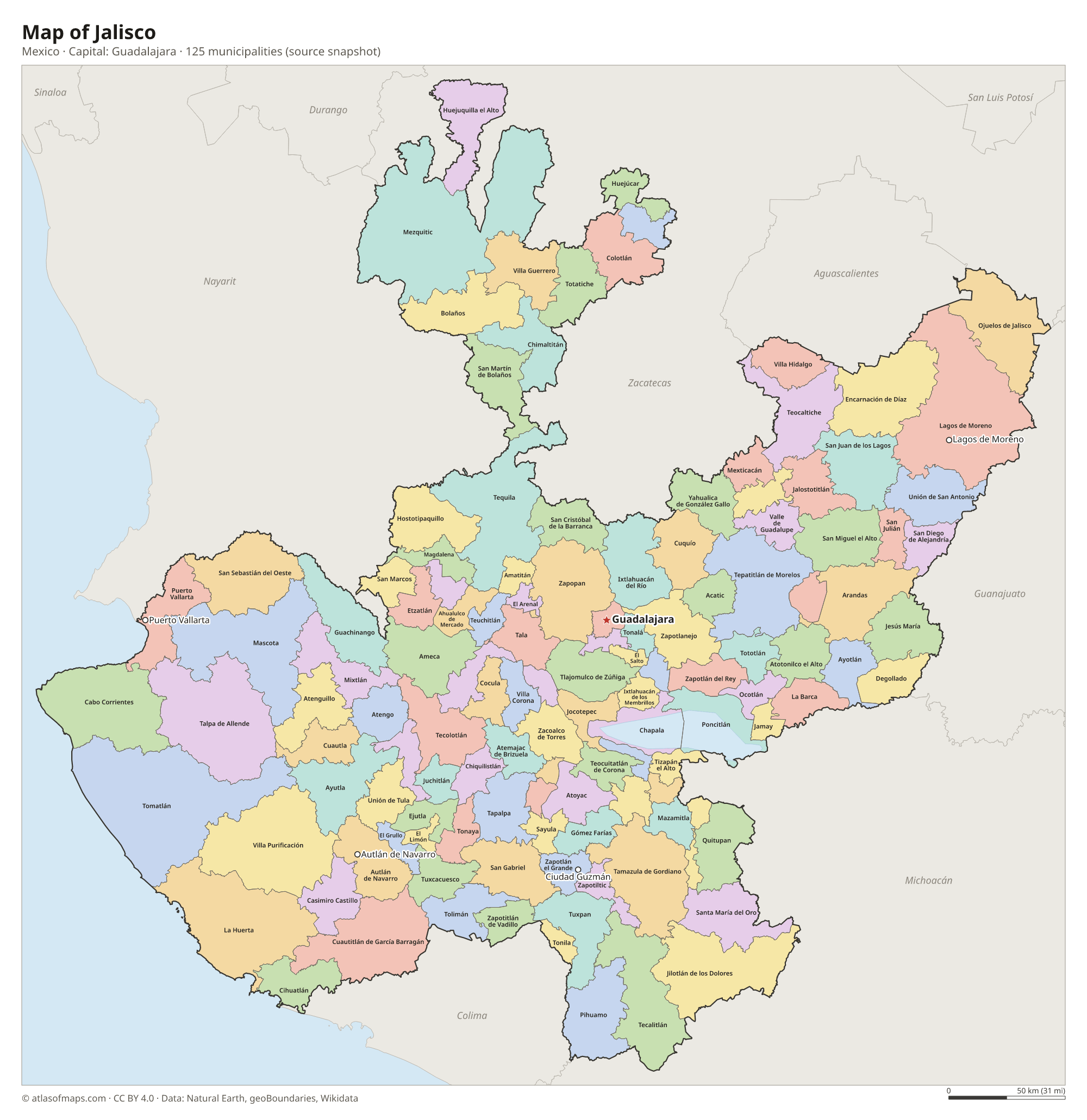 Map of Jalisco with the capital Guadalajara, cities and municipalities