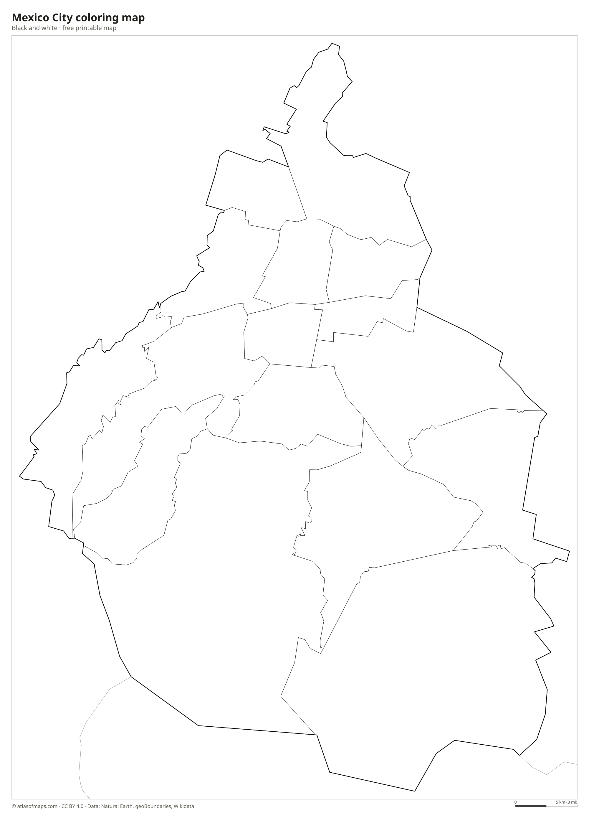 Black-and-white coloring map of Mexico City