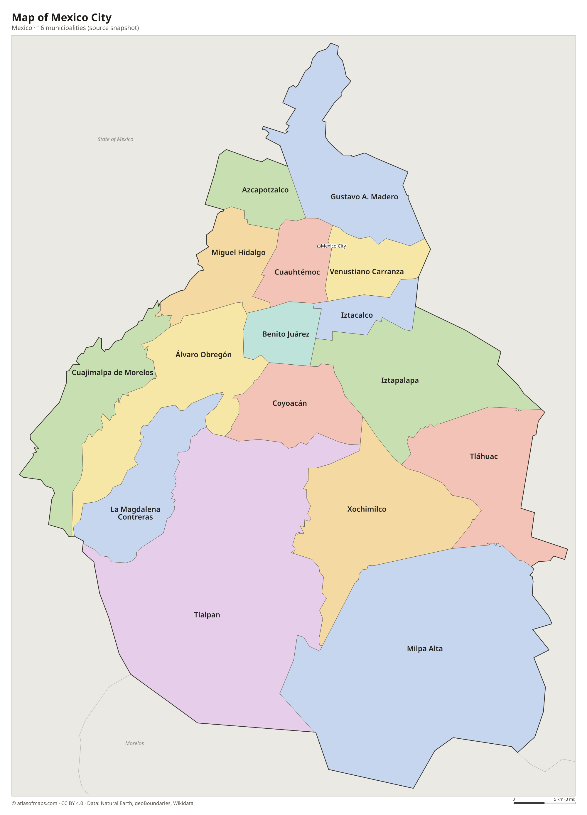 Map of Mexico City, cities and municipalities