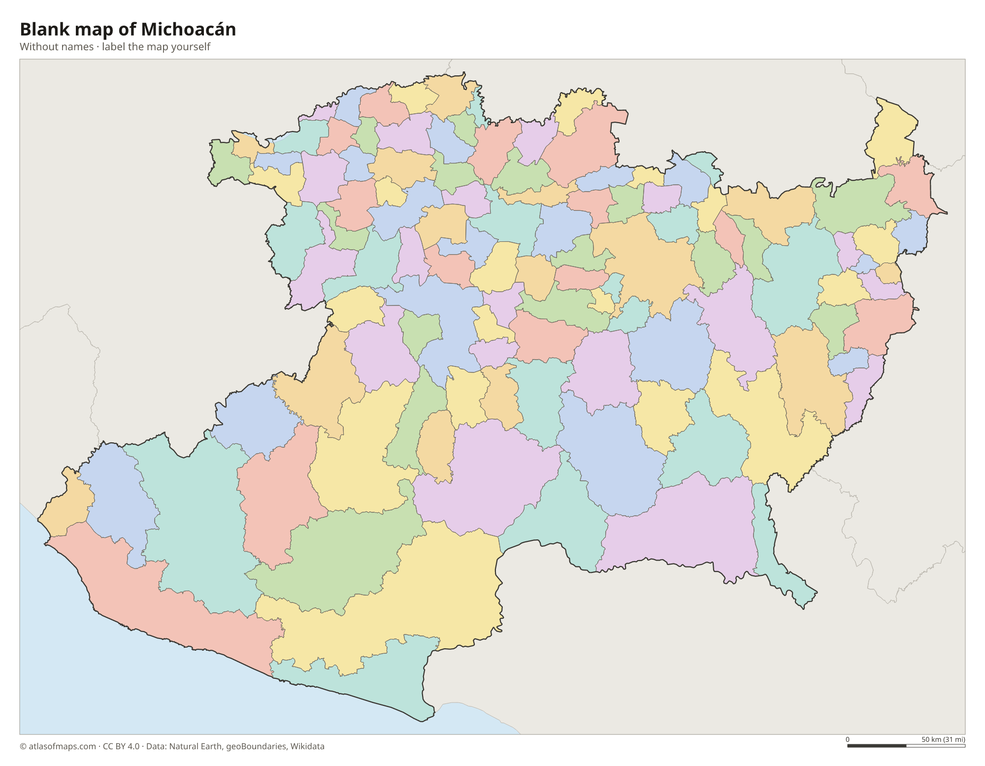 Blank map of Michoacán without names
