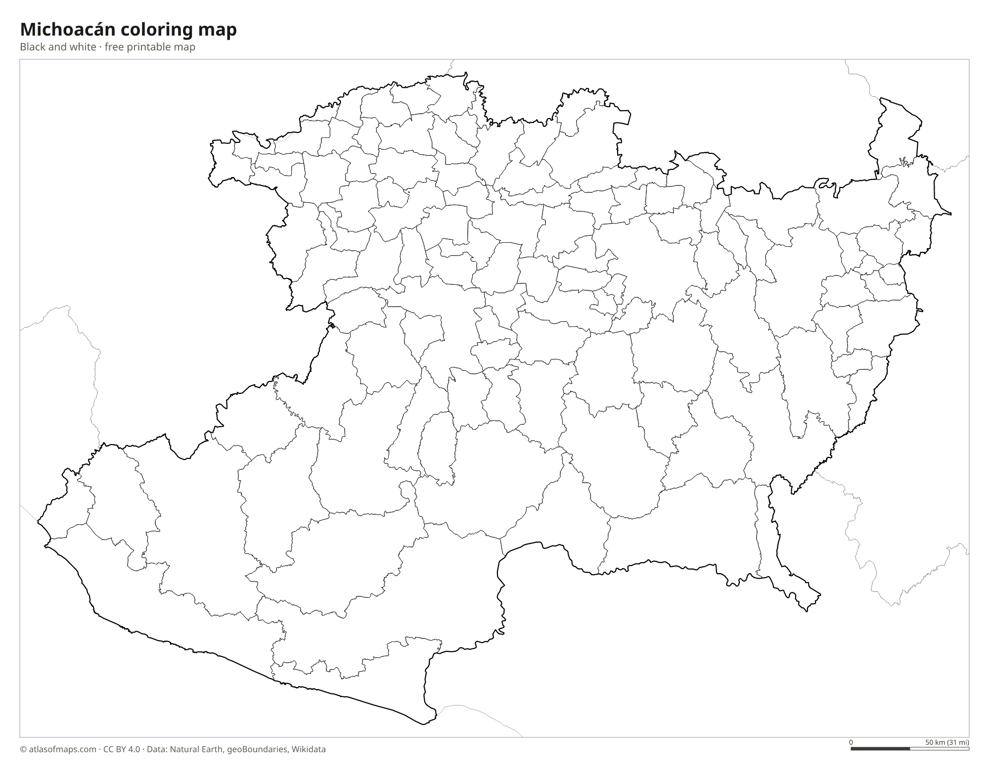 Black-and-white coloring map of Michoacán