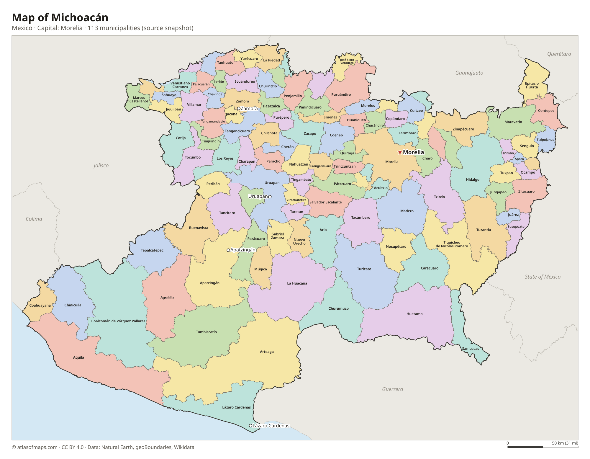 Map of Michoacán with the capital Morelia, cities and municipalities