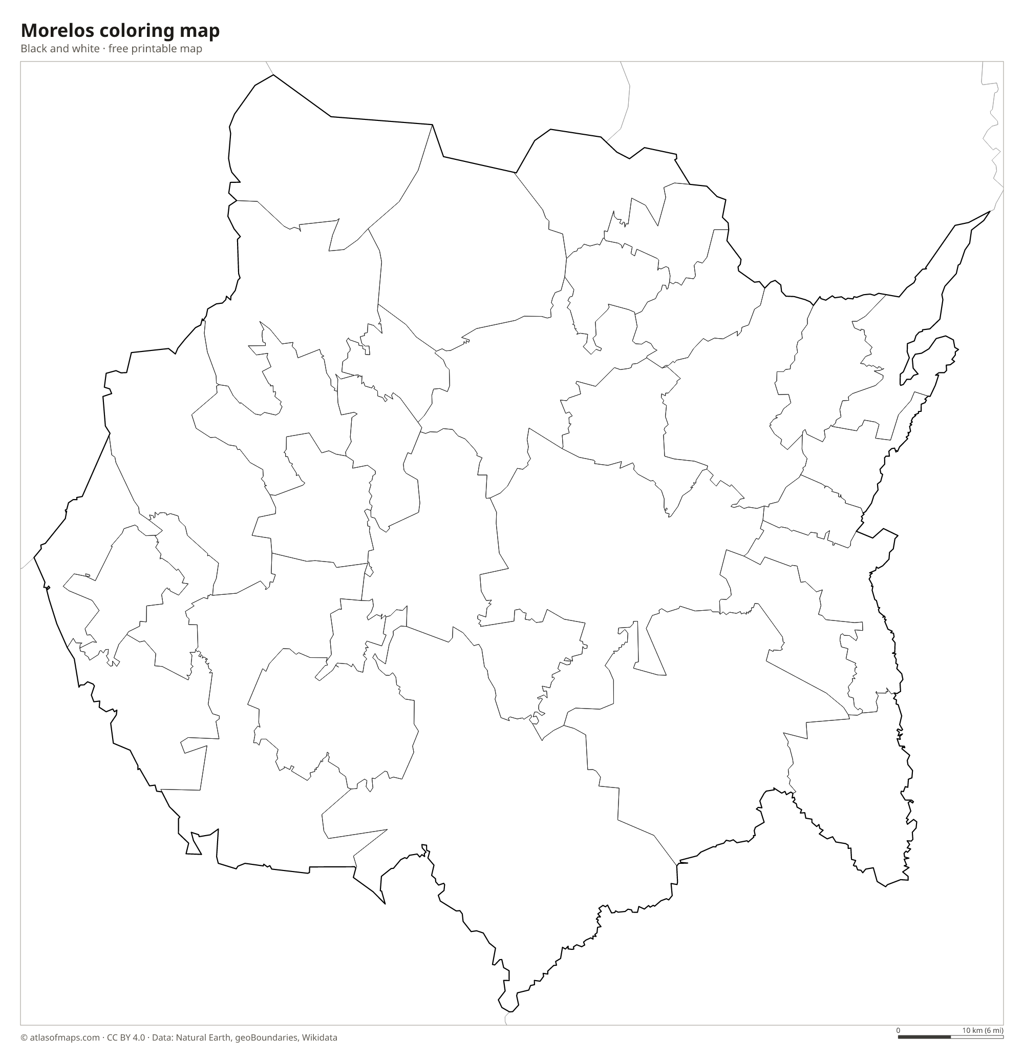 Black-and-white coloring map of Morelos