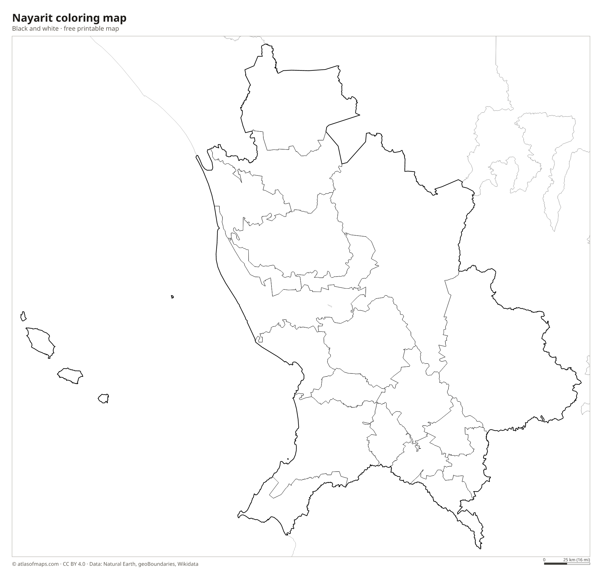 Black-and-white coloring map of Nayarit