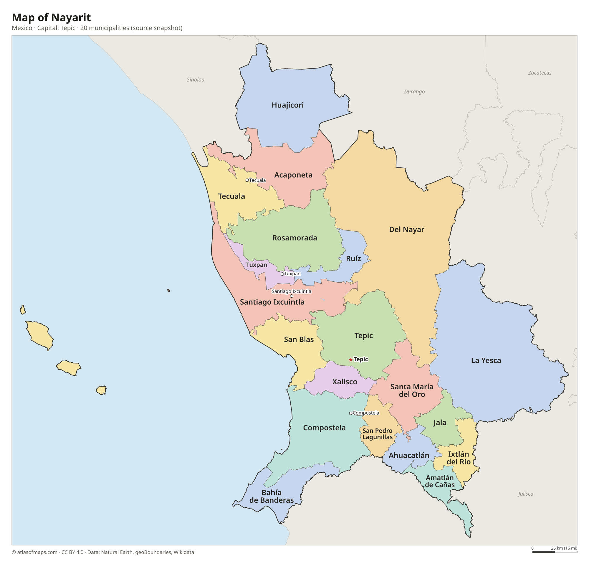 Map of Nayarit with the capital Tepic, cities and municipalities