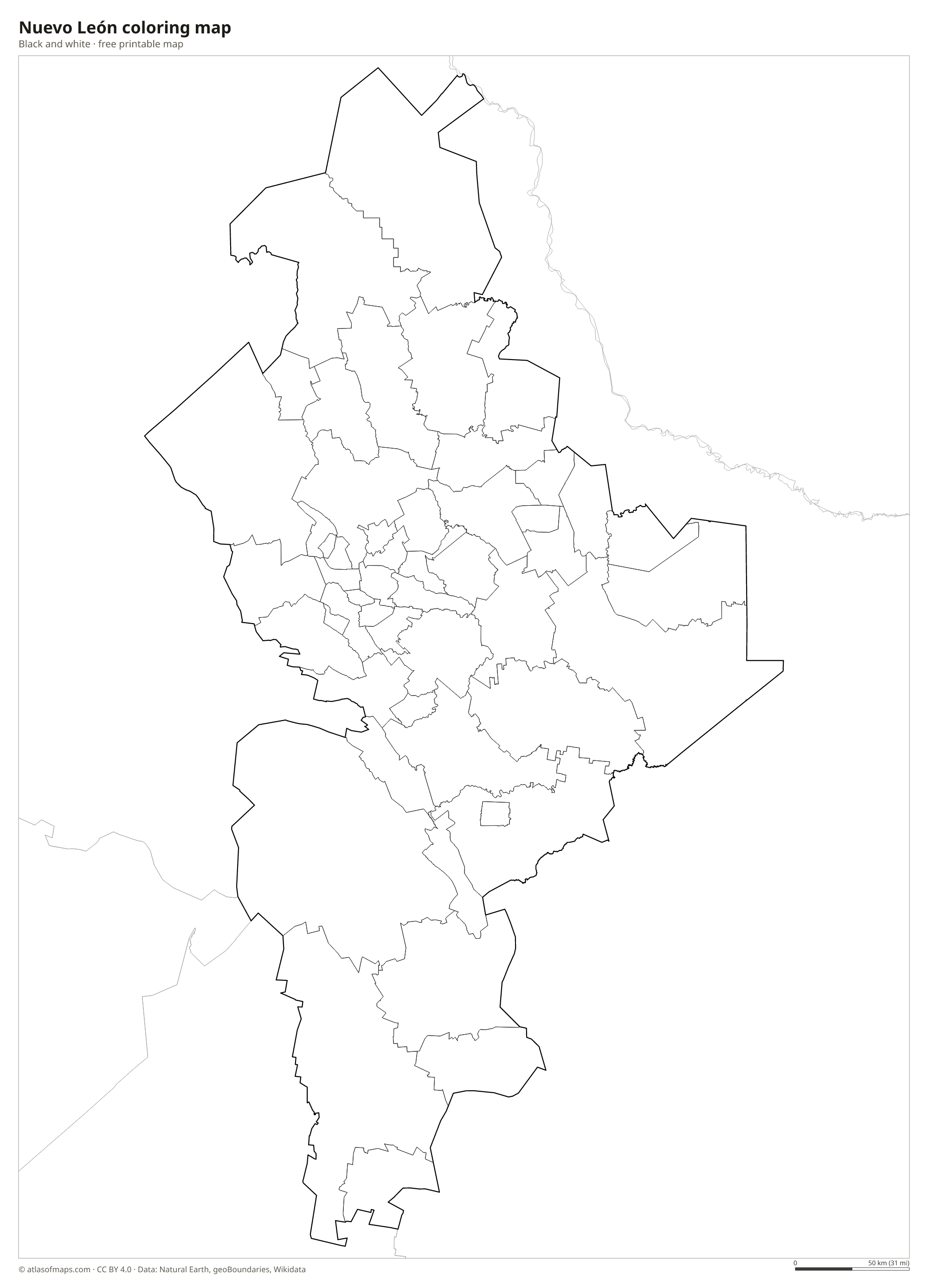Black-and-white coloring map of Nuevo León