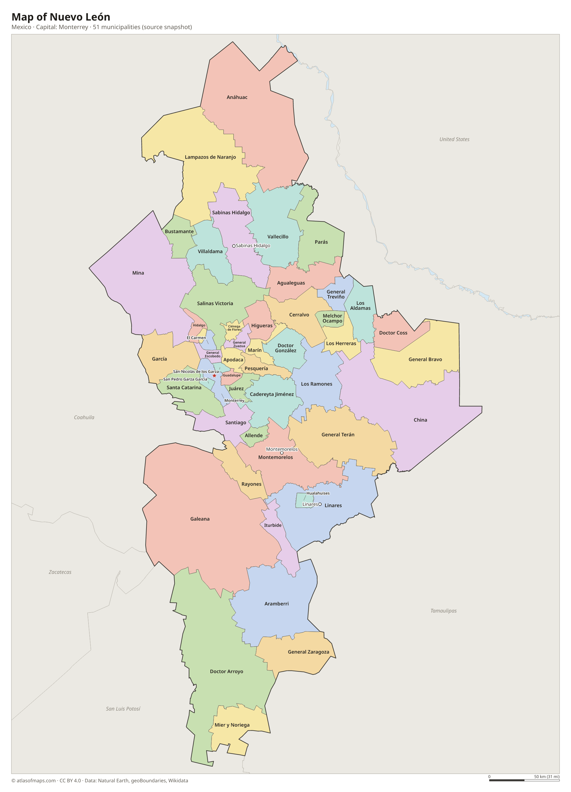 Map of Nuevo León with the capital Monterrey, cities and municipalities