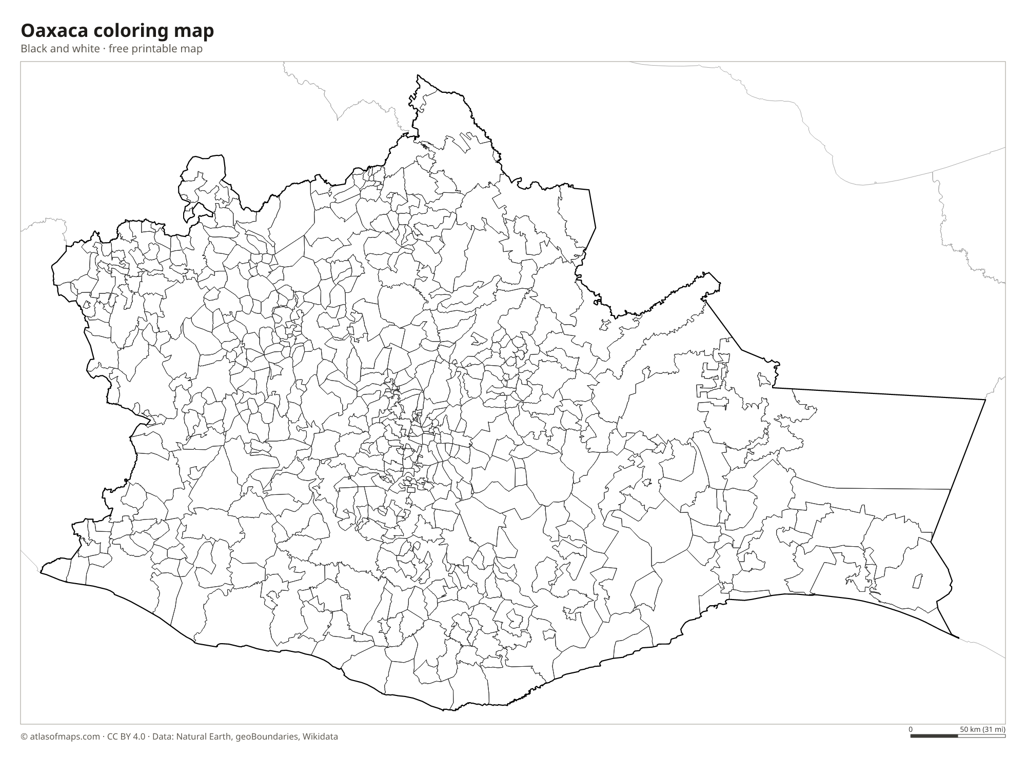 Black-and-white coloring map of Oaxaca