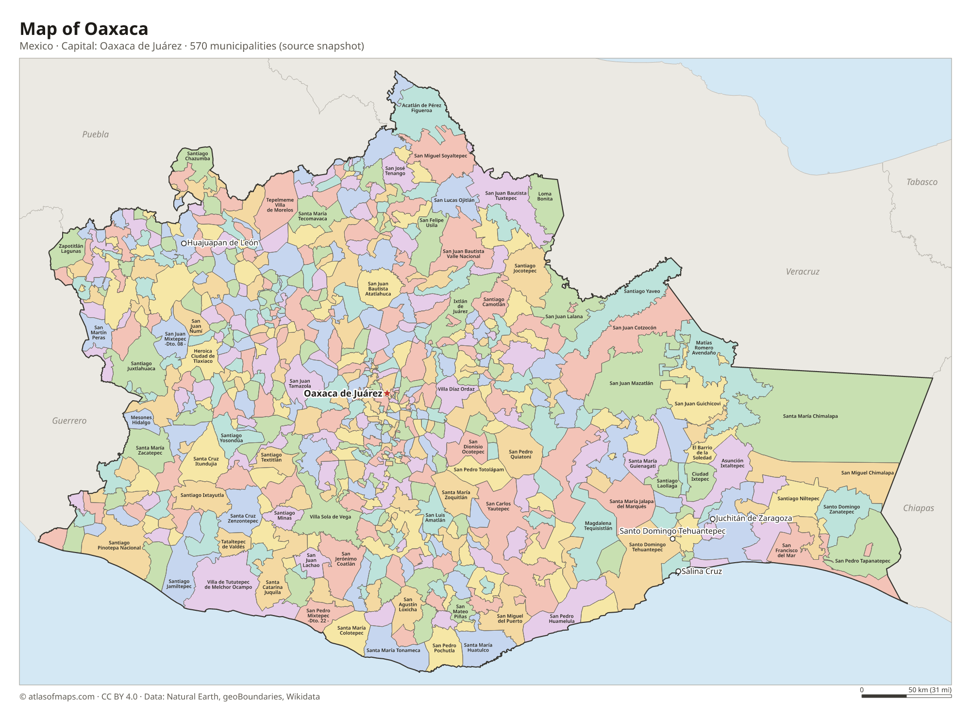 Map of Oaxaca with the capital Oaxaca de Juárez, cities and municipalities