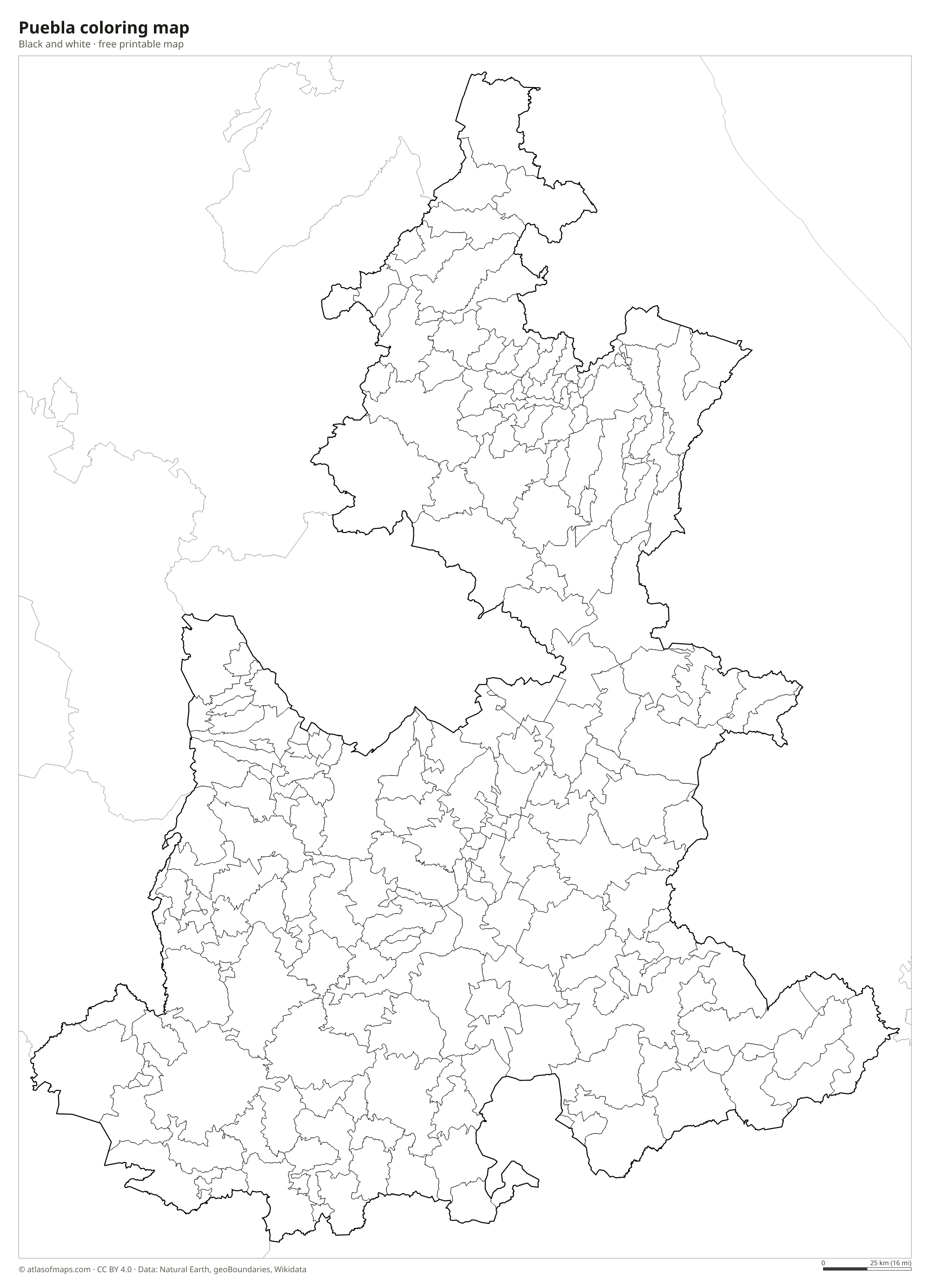Black-and-white coloring map of Puebla