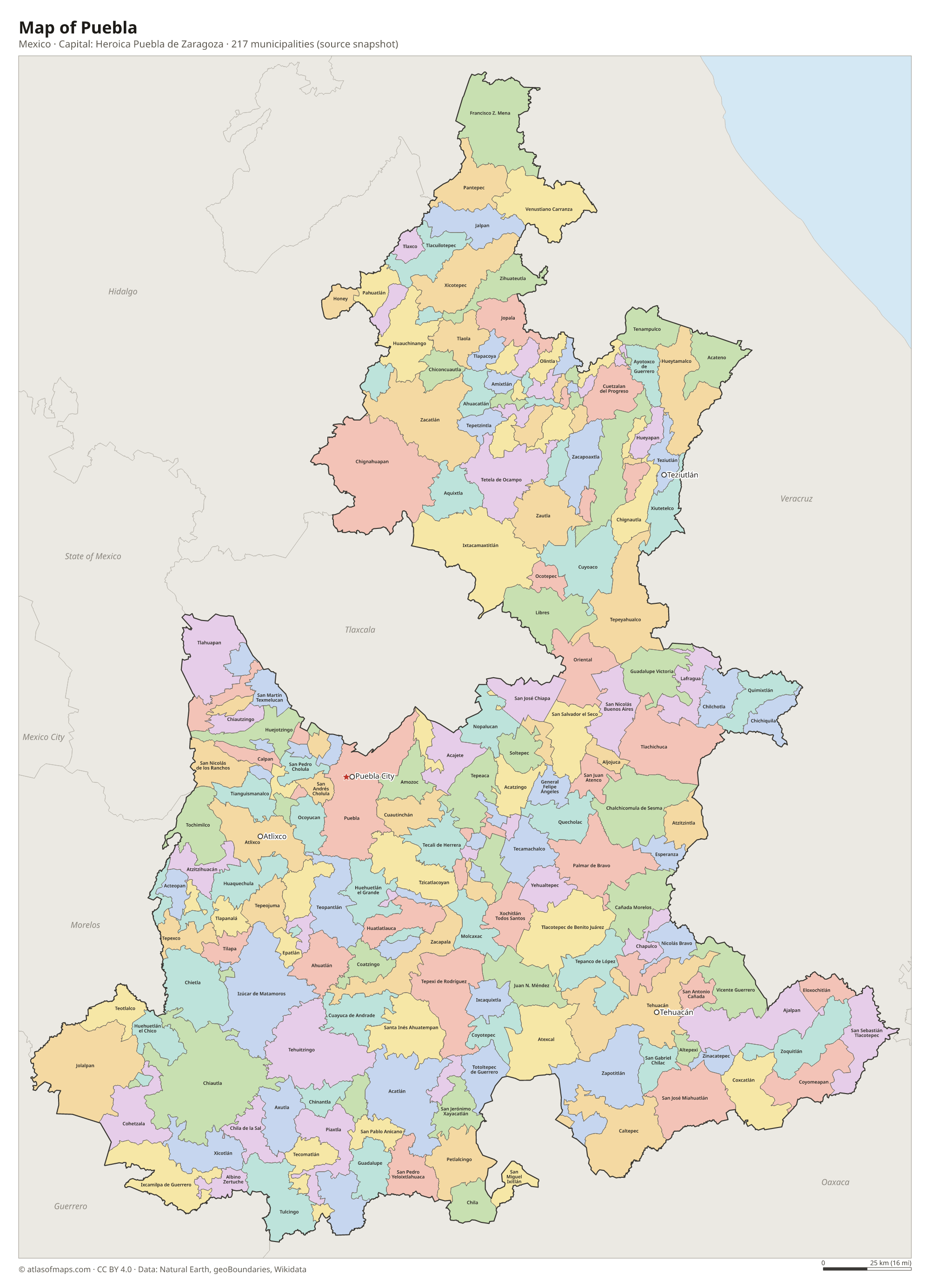 Map of Puebla with the capital Heroica Puebla de Zaragoza, cities and municipalities