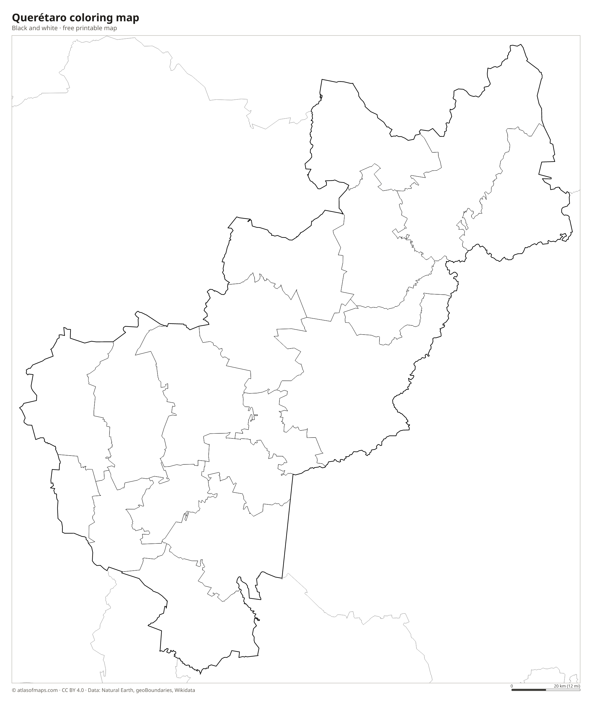 Black-and-white coloring map of Querétaro