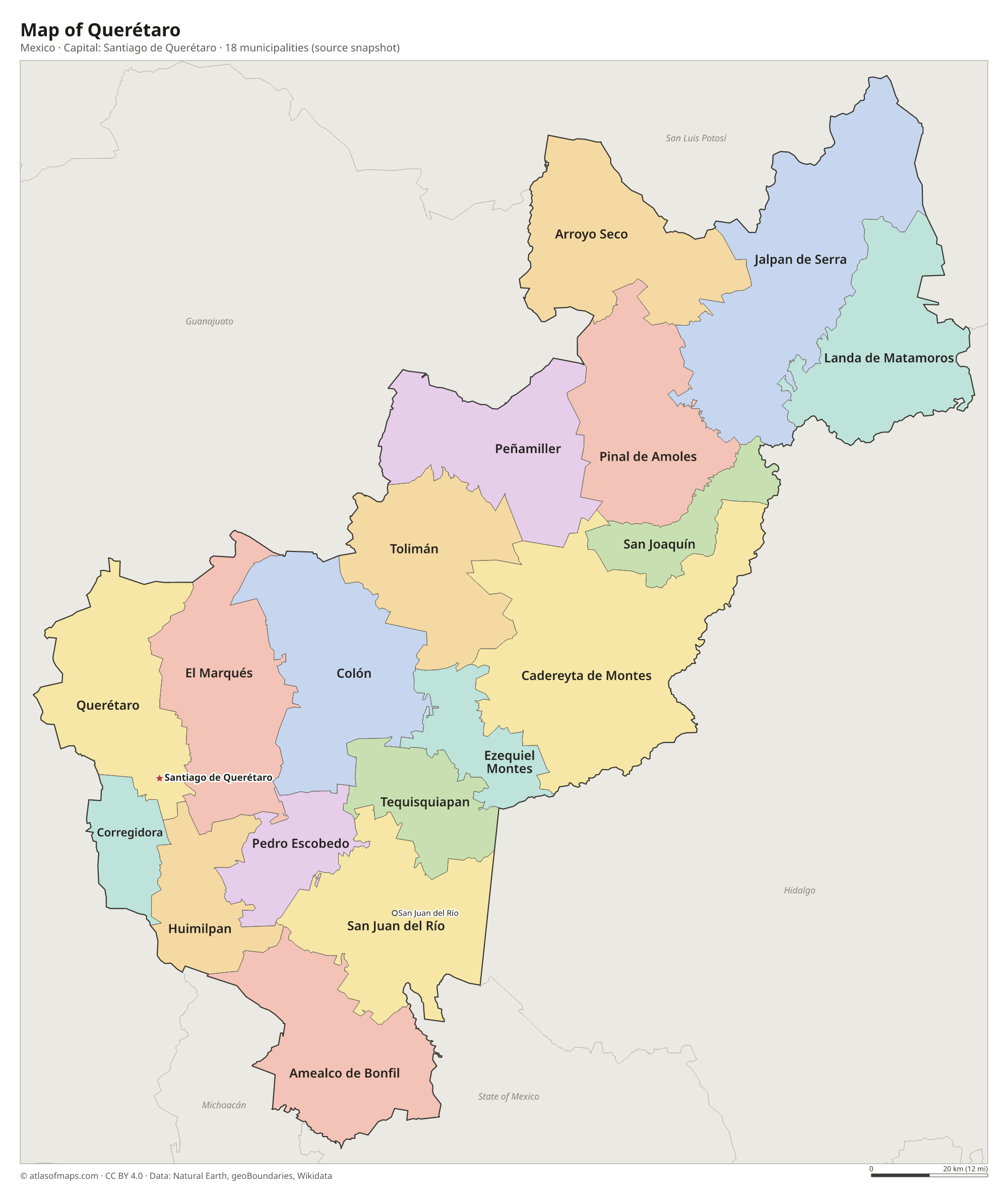 Map of Querétaro with the capital Santiago de Querétaro, cities and municipalities