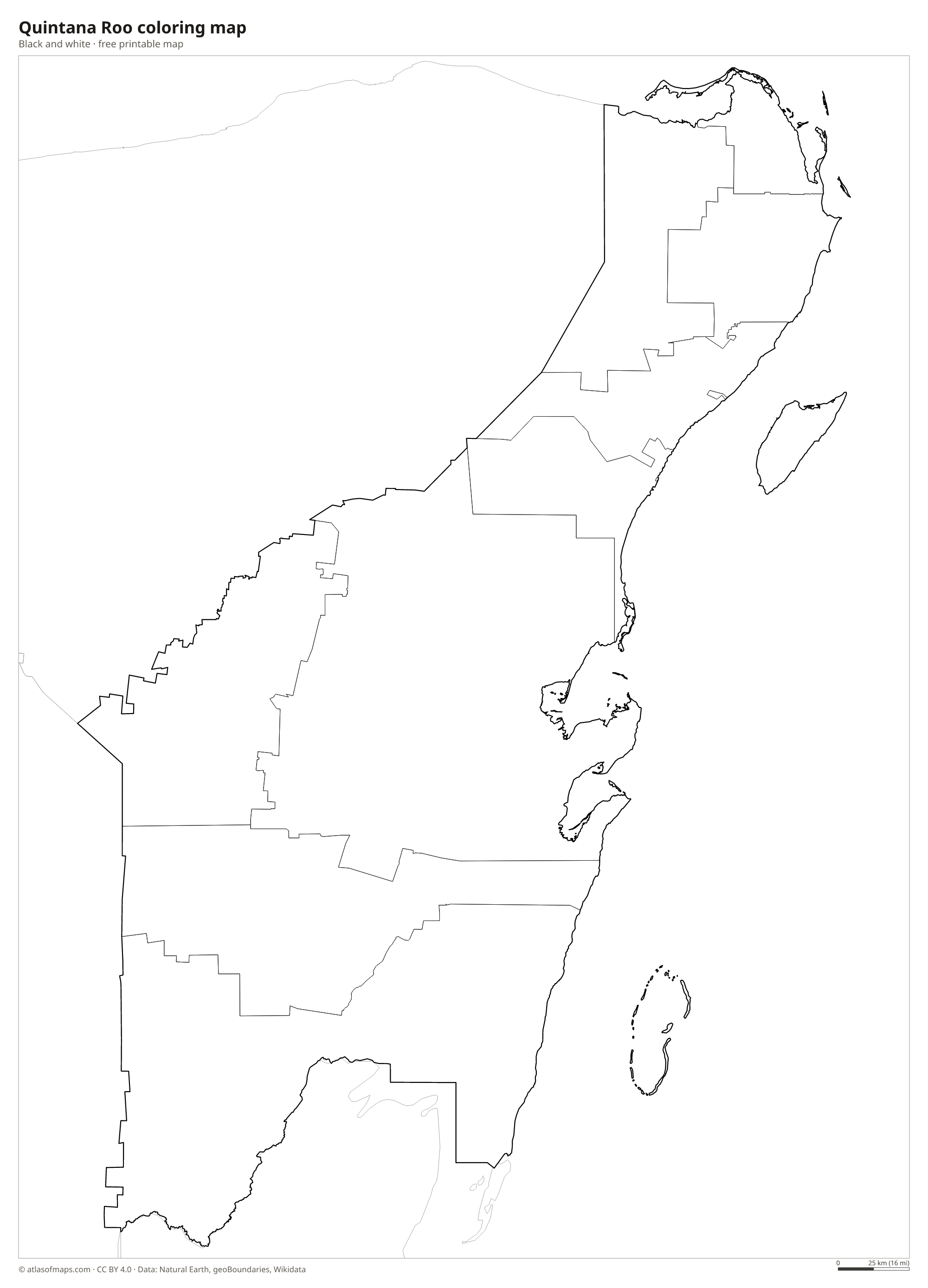 Black-and-white coloring map of Quintana Roo
