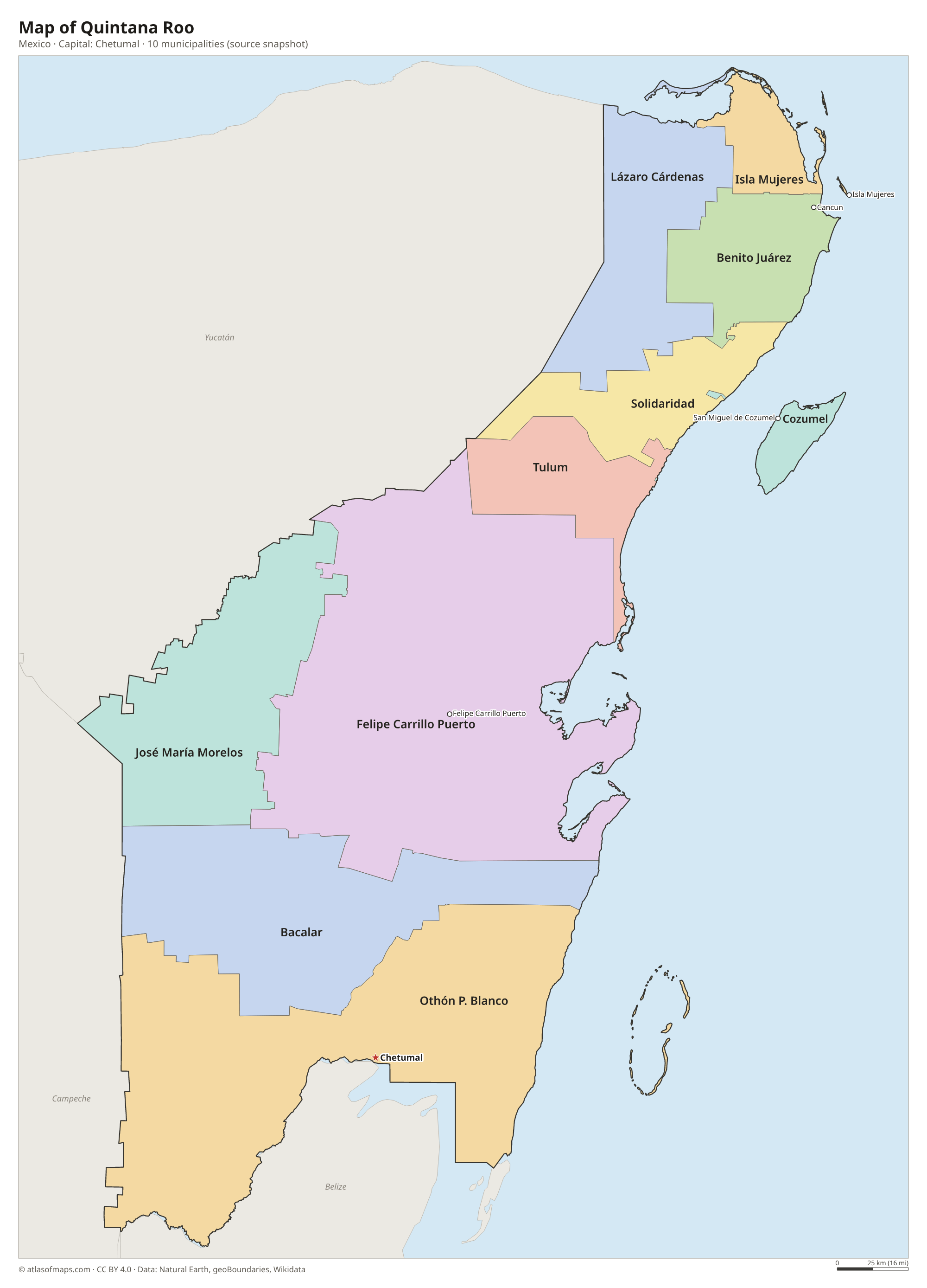 Map of Quintana Roo with the capital Chetumal, cities and municipalities