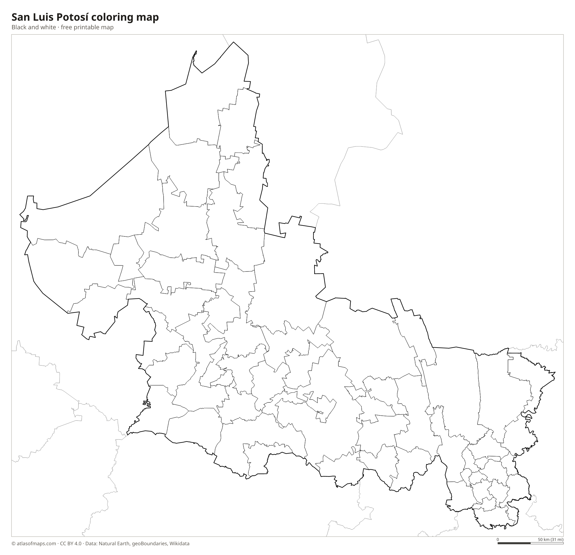 Black-and-white coloring map of San Luis Potosí