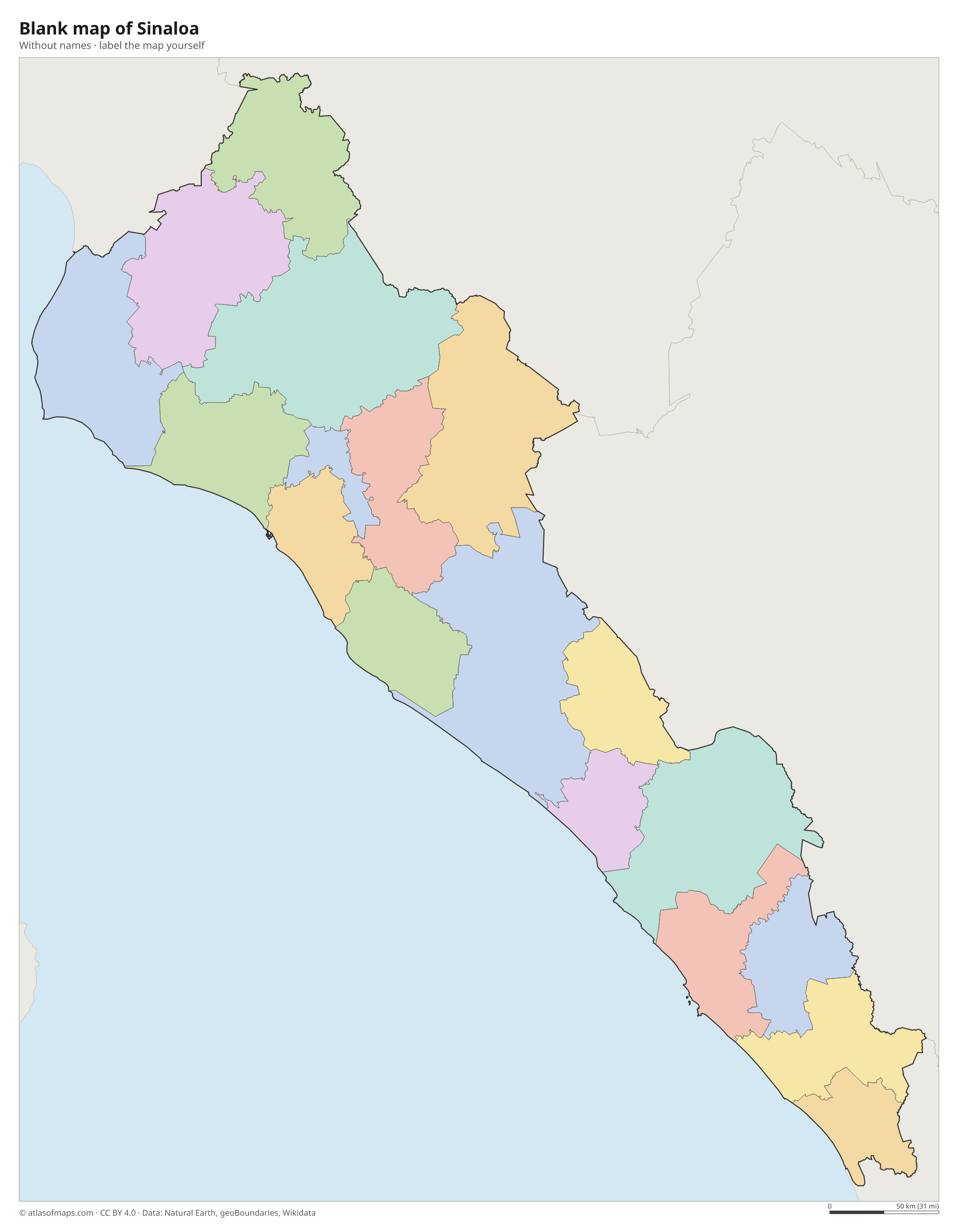 Blank map of Sinaloa without names