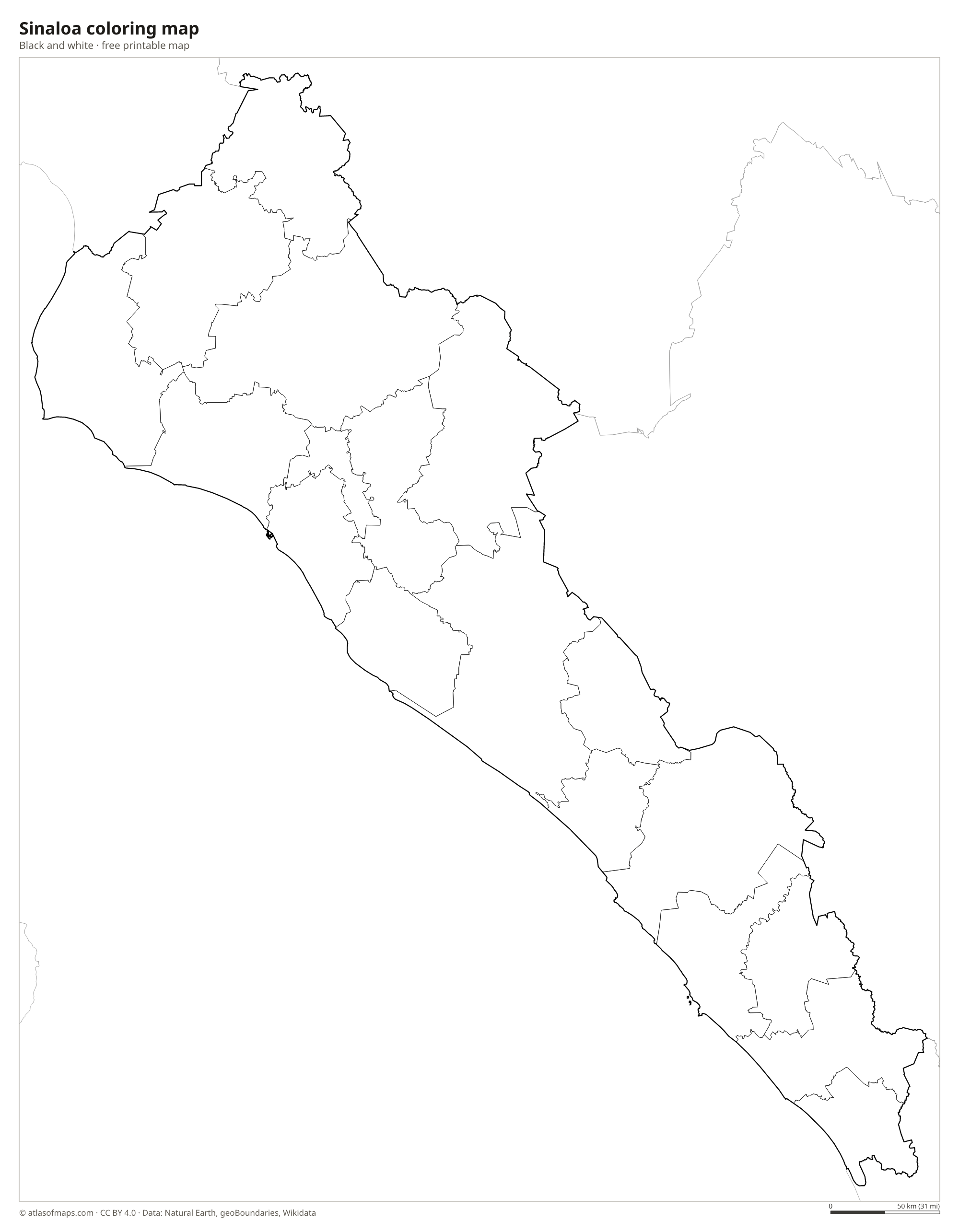 Black-and-white coloring map of Sinaloa