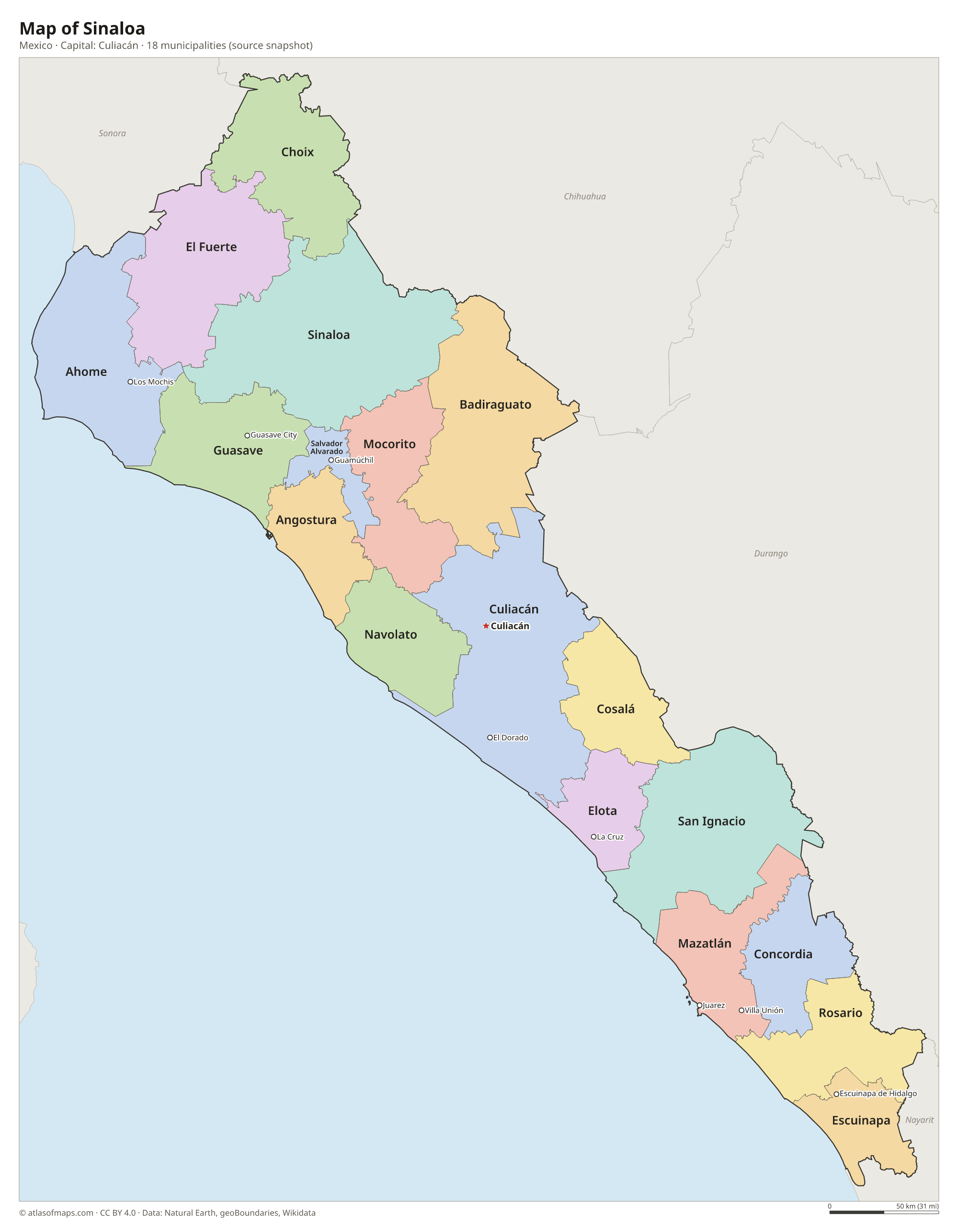 Map of Sinaloa with the capital Culiacán, cities and municipalities