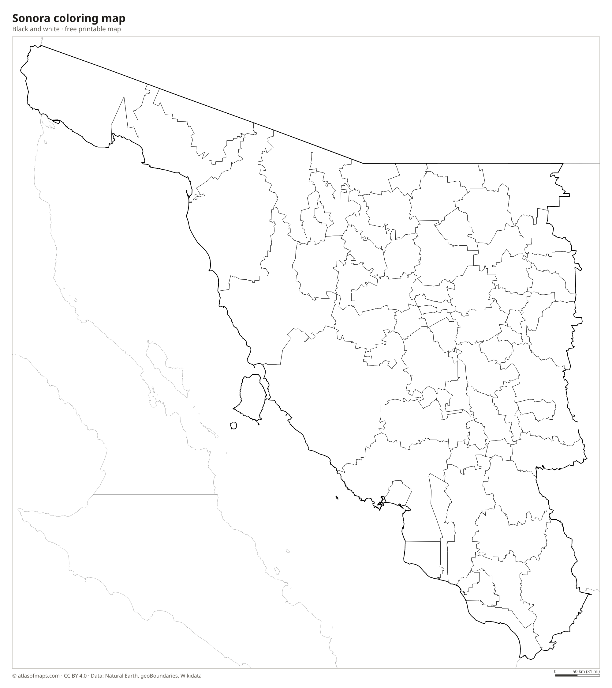 Black-and-white coloring map of Sonora