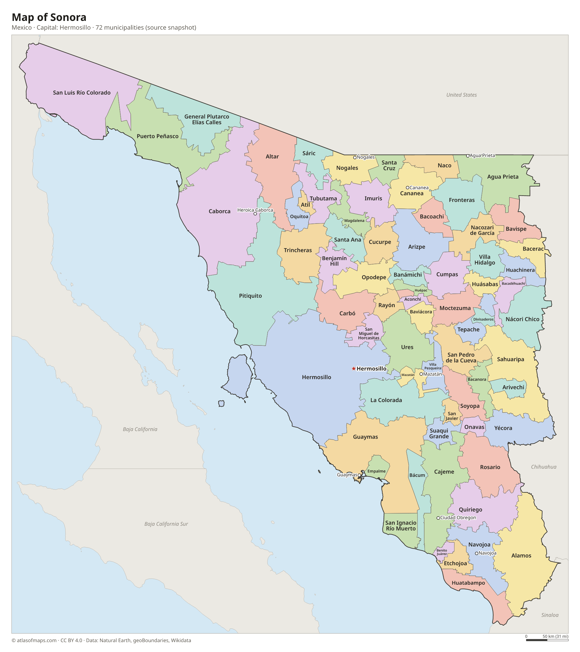 Map of Sonora with the capital Hermosillo, cities and municipalities