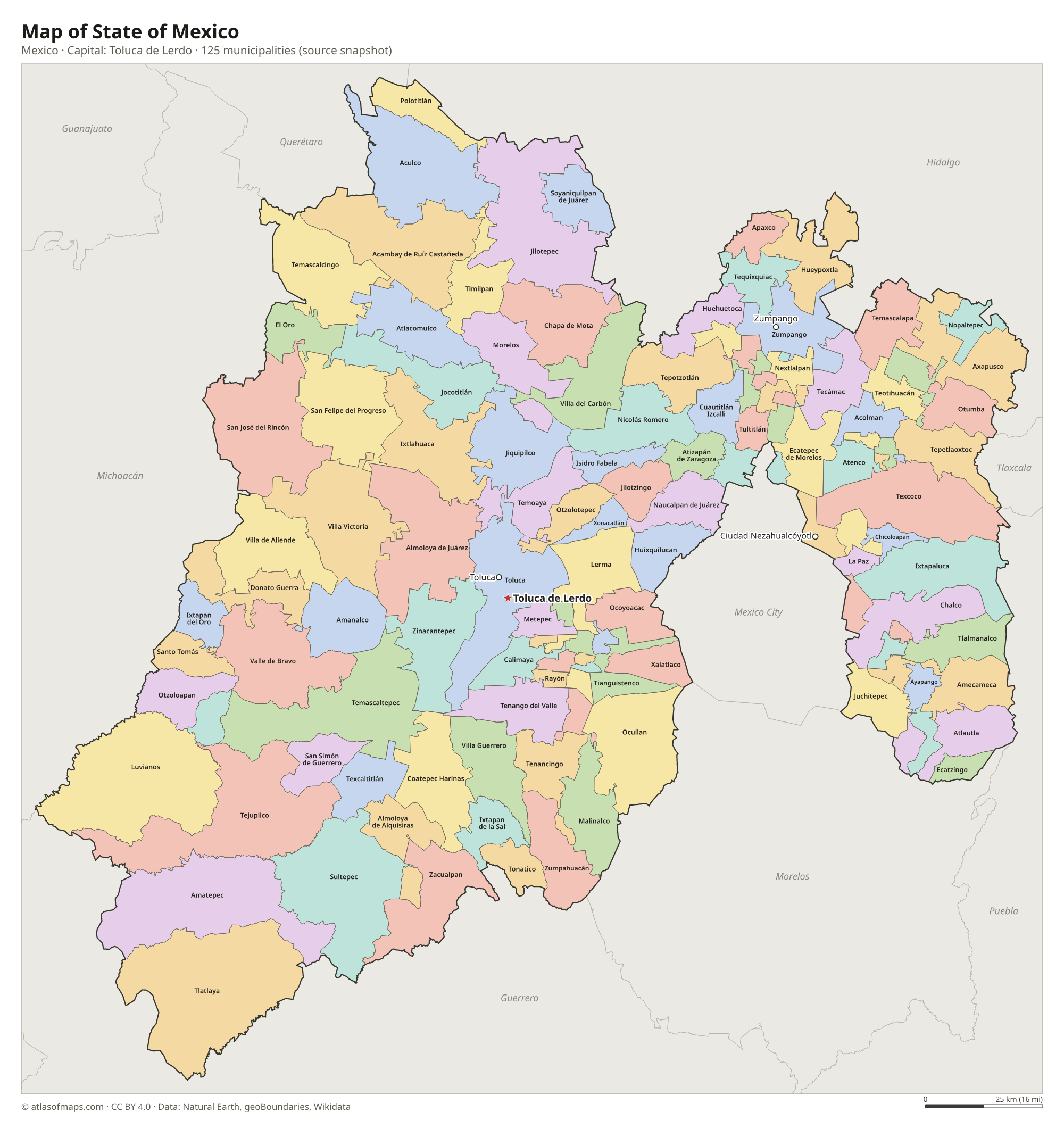 Map of State of Mexico with the capital Toluca de Lerdo, cities and municipalities