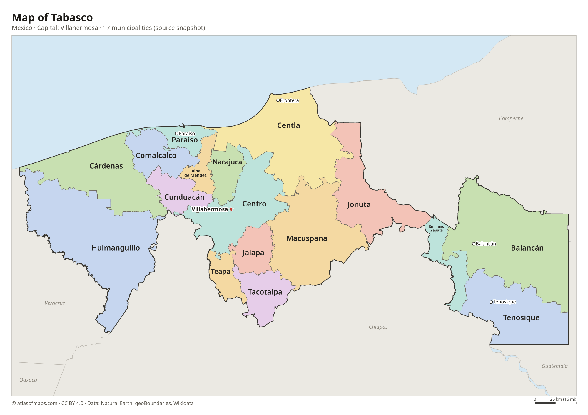 Map of Tabasco with the capital Villahermosa, cities and municipalities