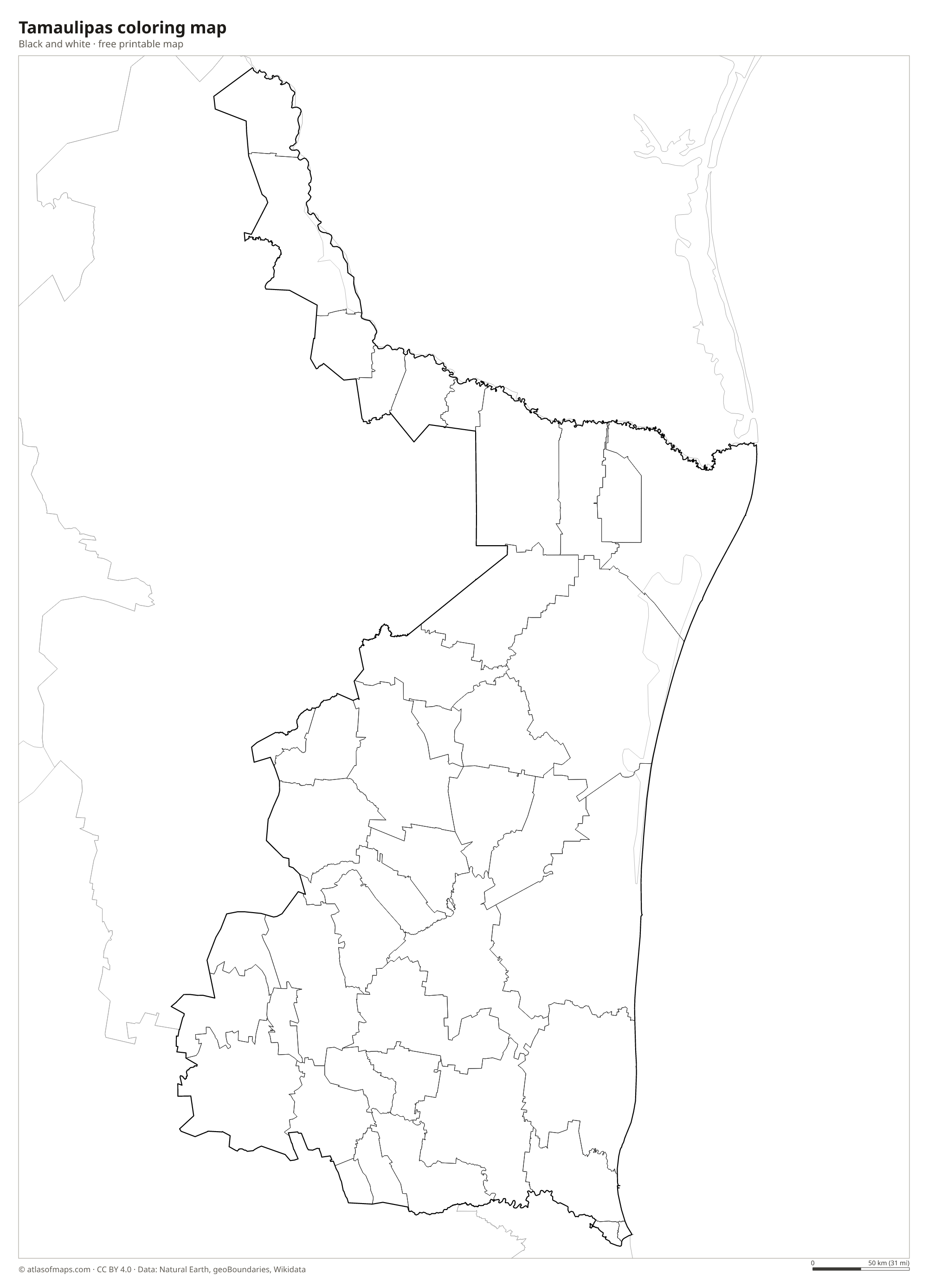 Black-and-white coloring map of Tamaulipas