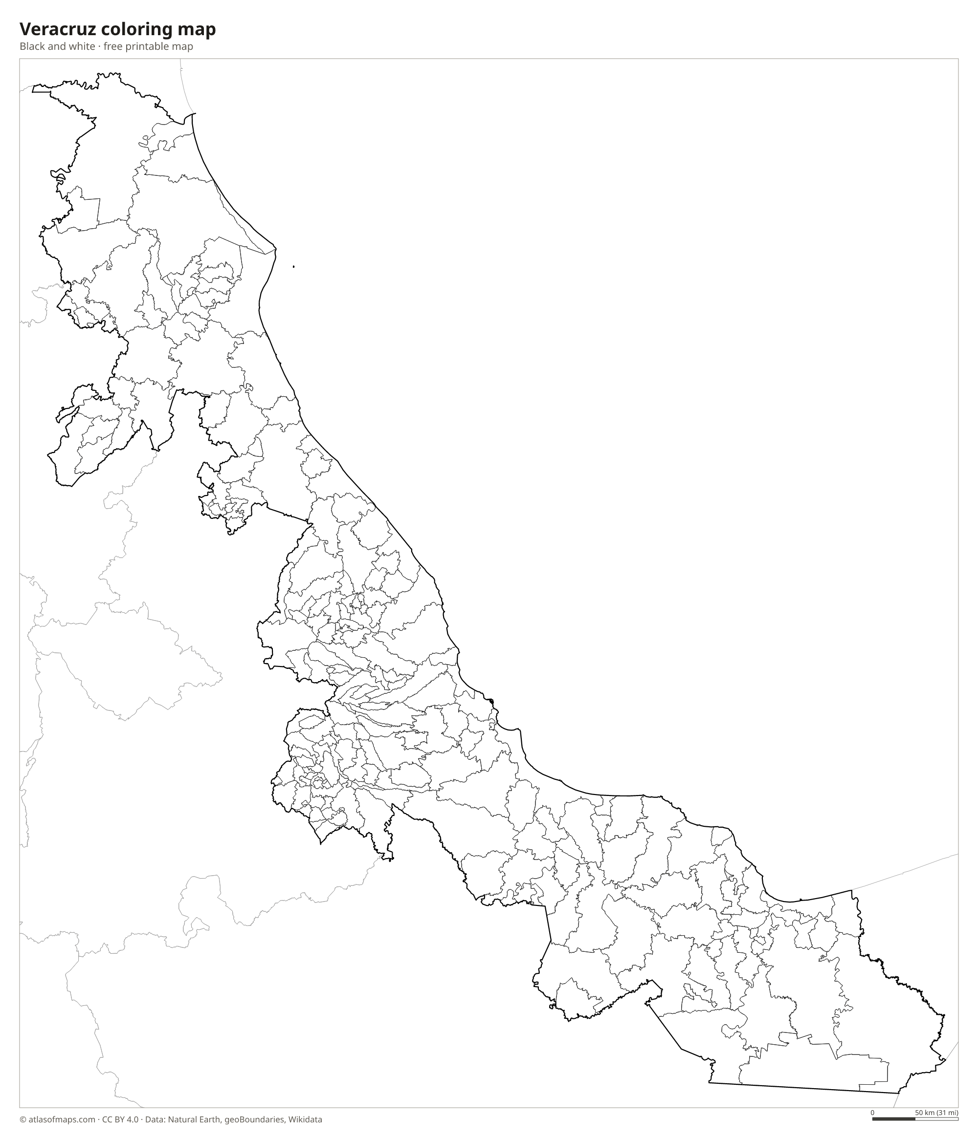 Black-and-white coloring map of Veracruz