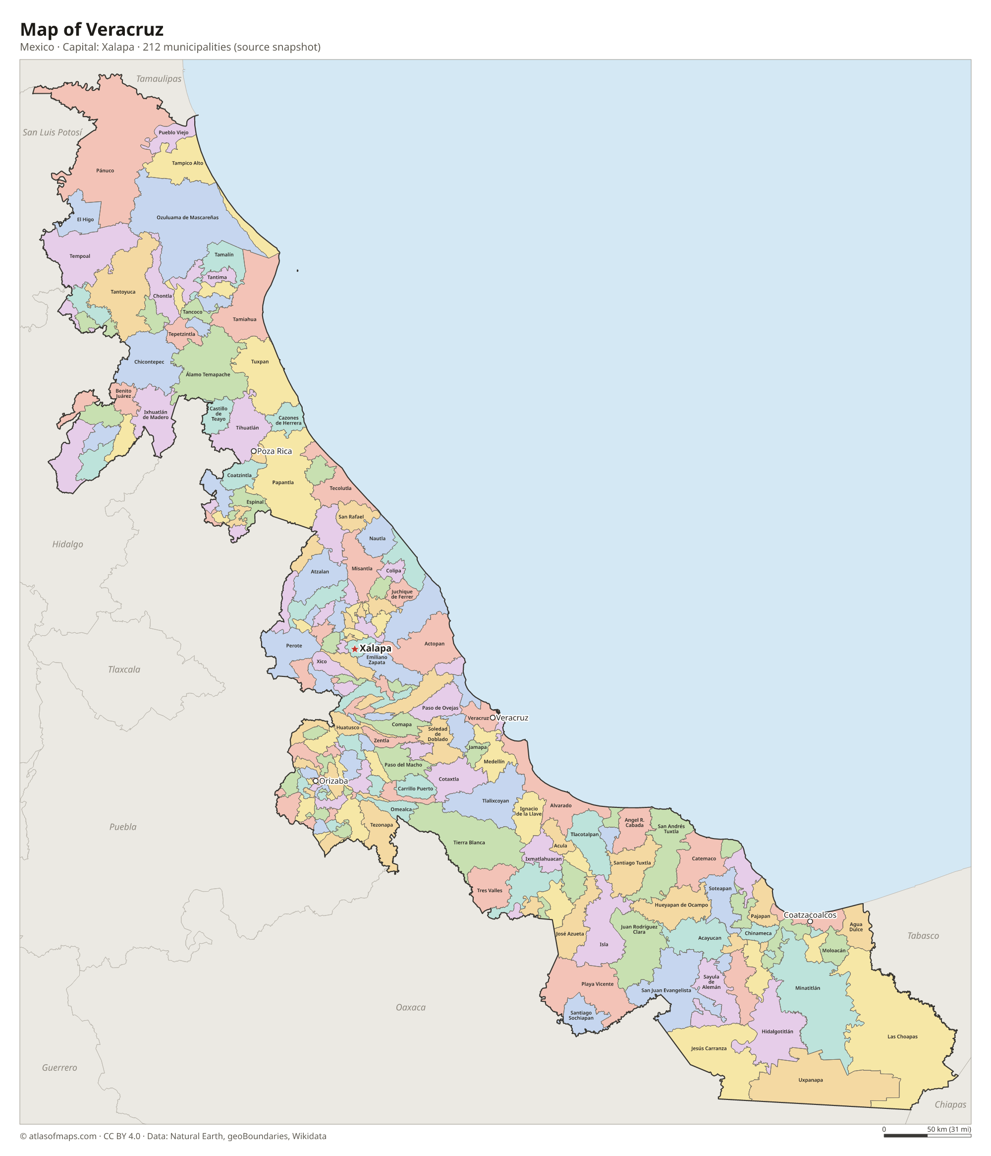 Map of Veracruz with the capital Xalapa, cities and municipalities