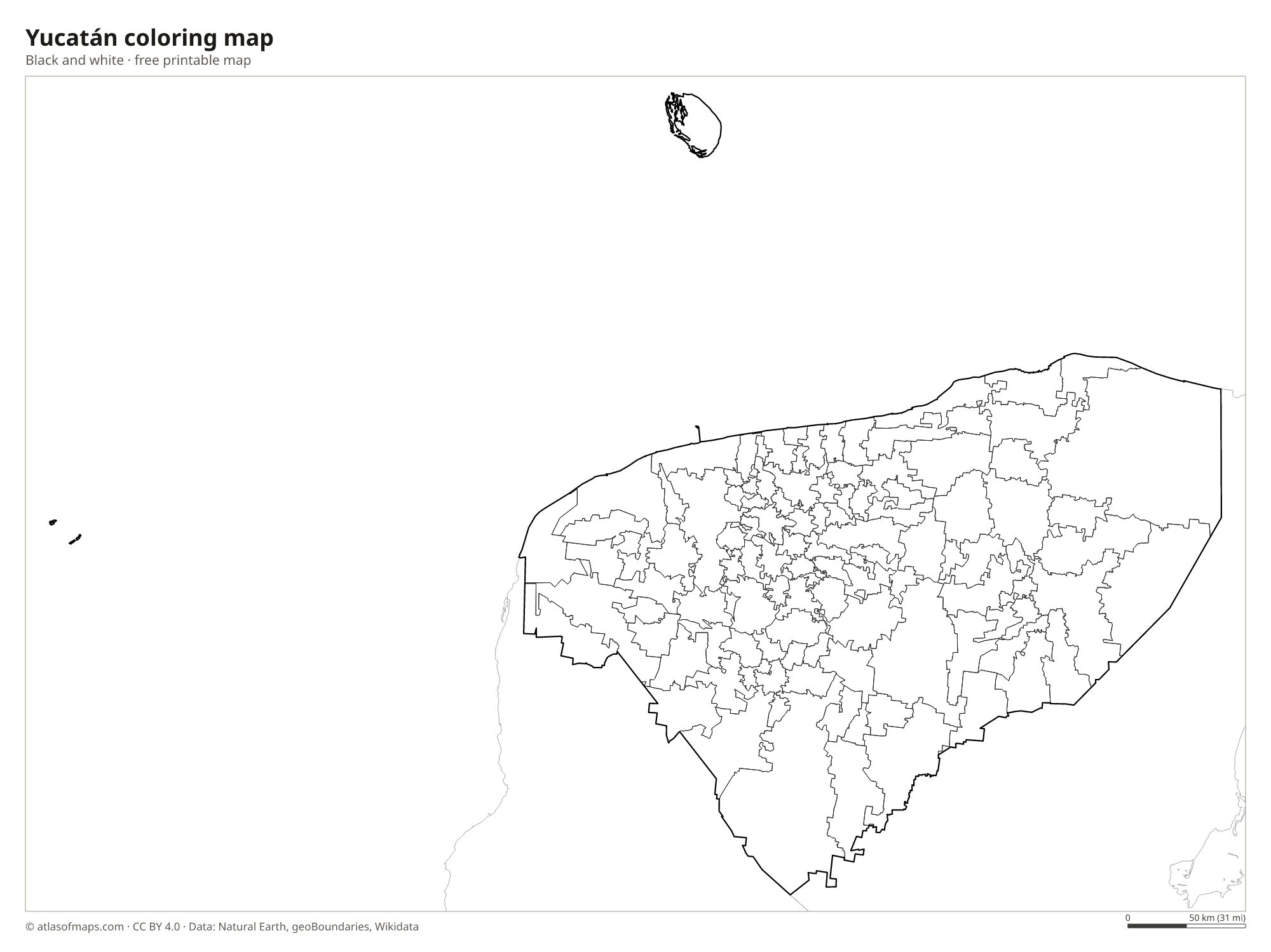 Black-and-white coloring map of Yucatán