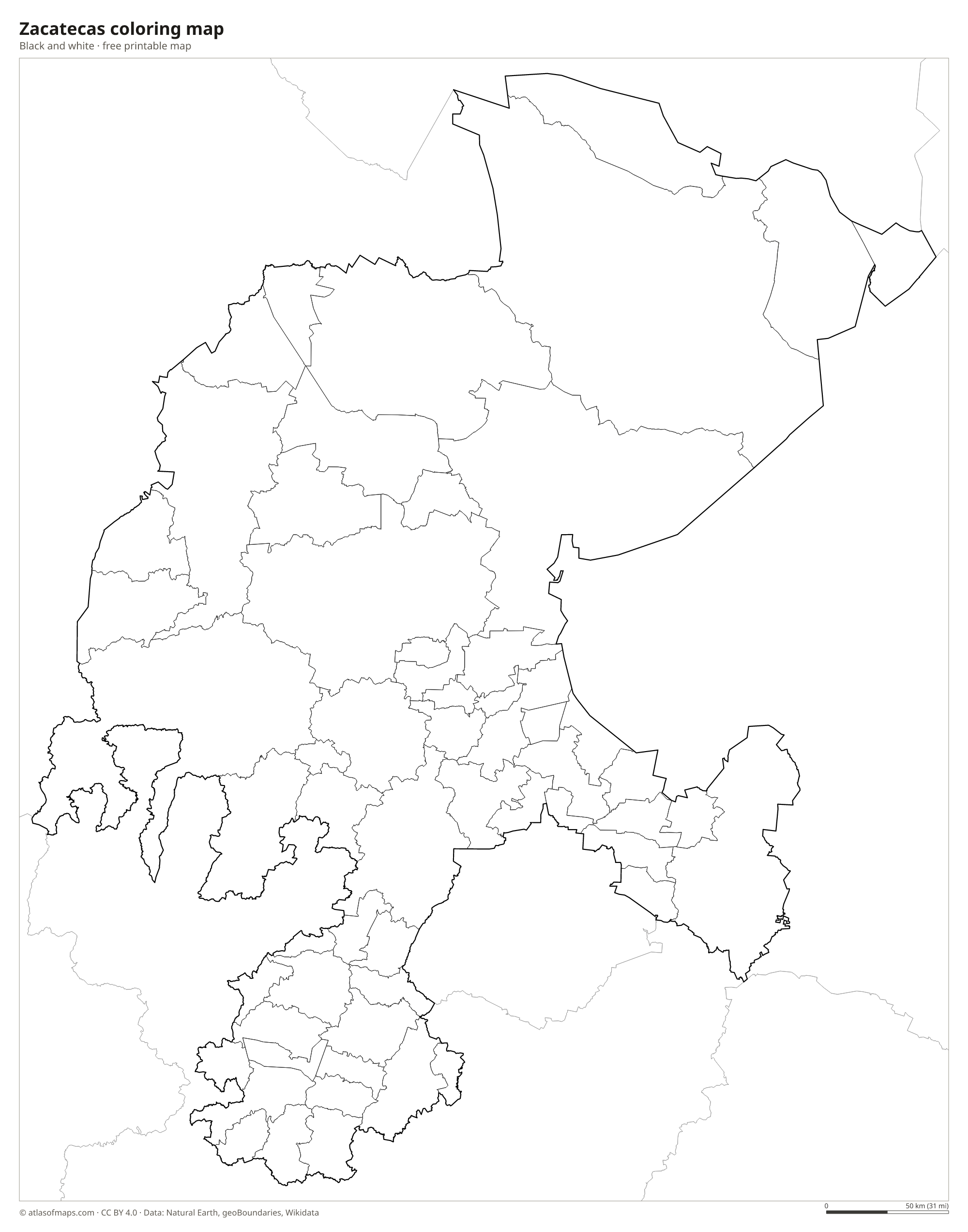 Black-and-white coloring map of Zacatecas