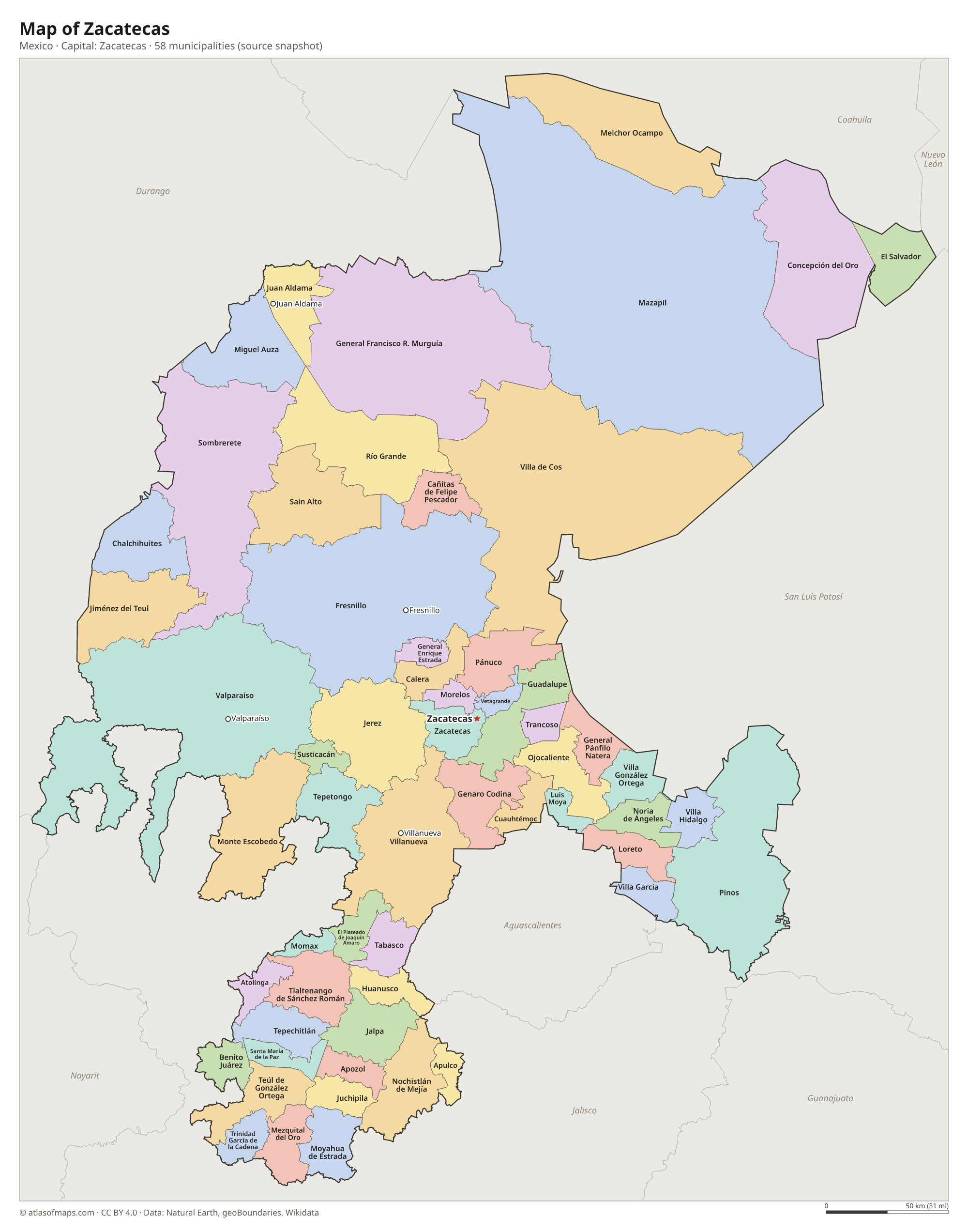 Map of Zacatecas with the capital Zacatecas, cities and municipalities