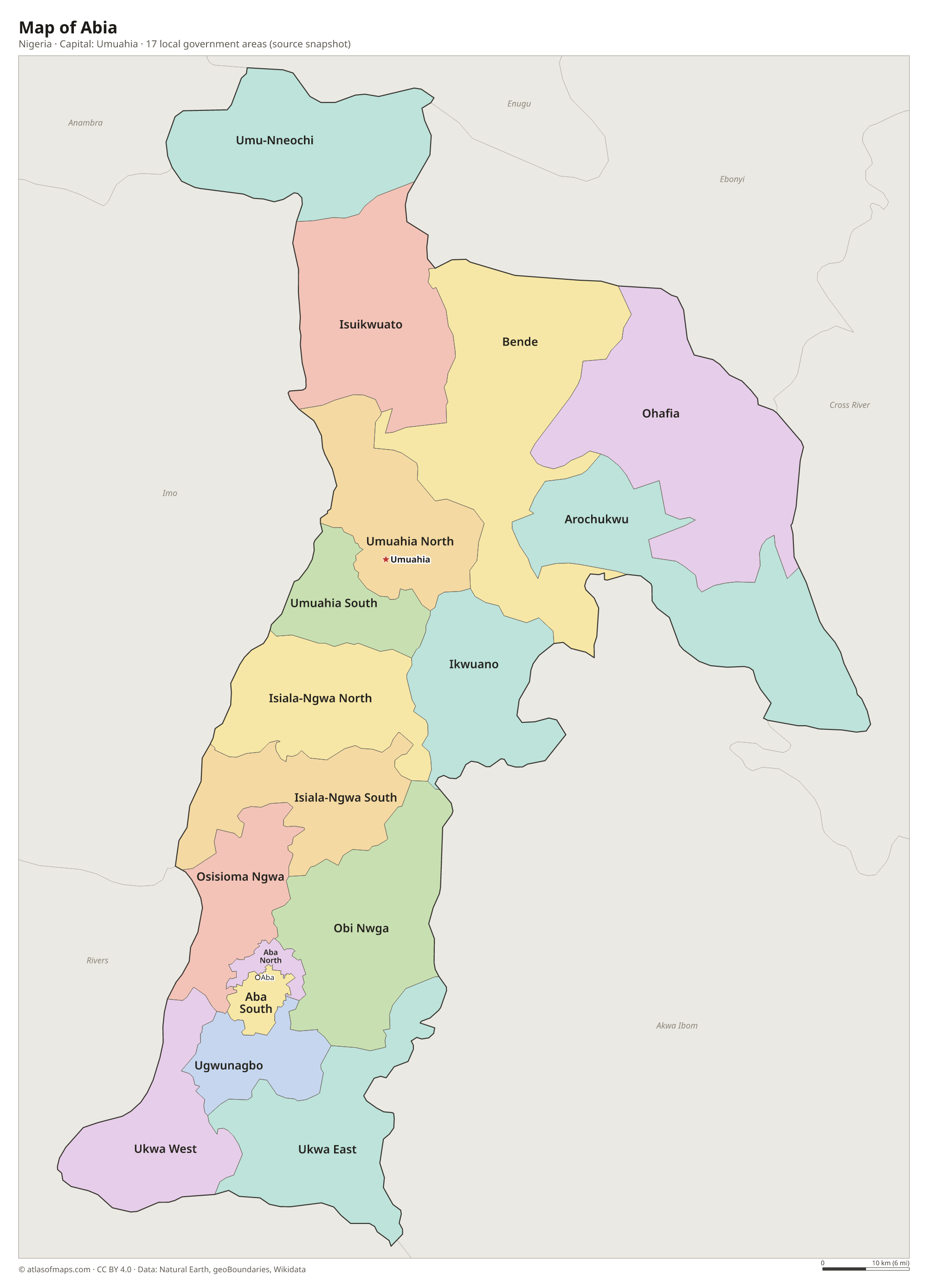 Map of Abia with the capital Umuahia, cities and local government areas