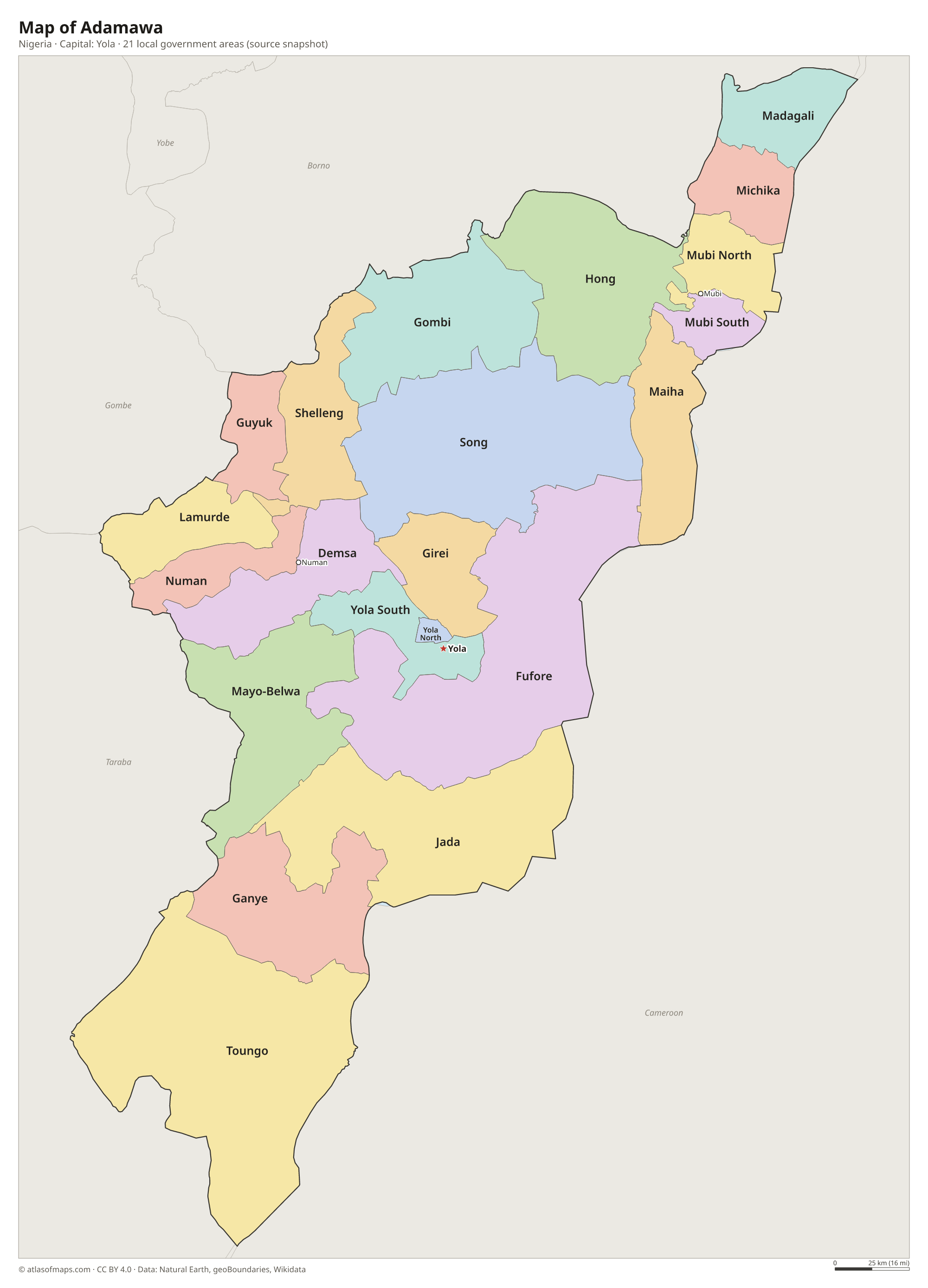 Map of Adamawa with the capital Yola, cities and local government areas