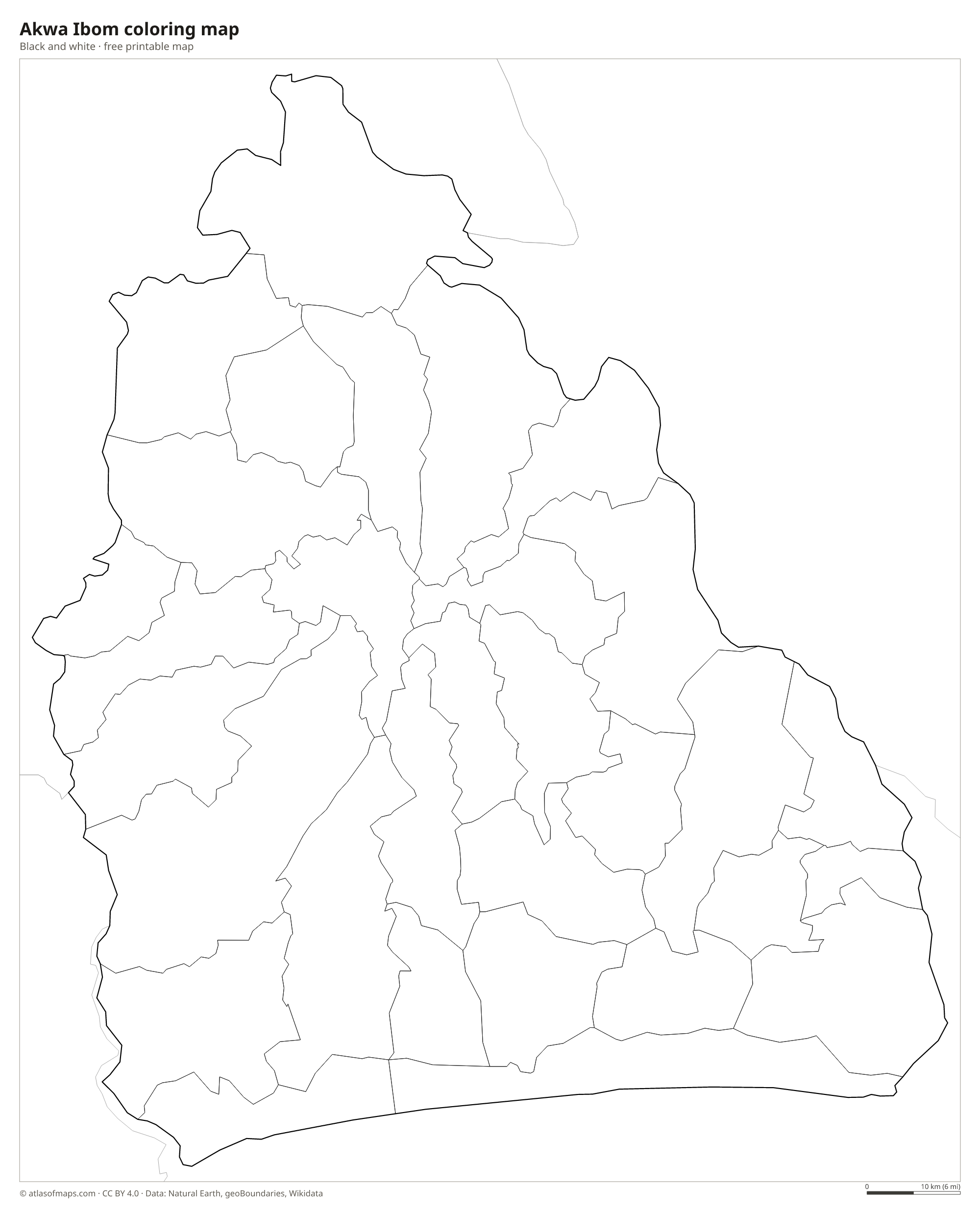 Black-and-white coloring map of Akwa Ibom