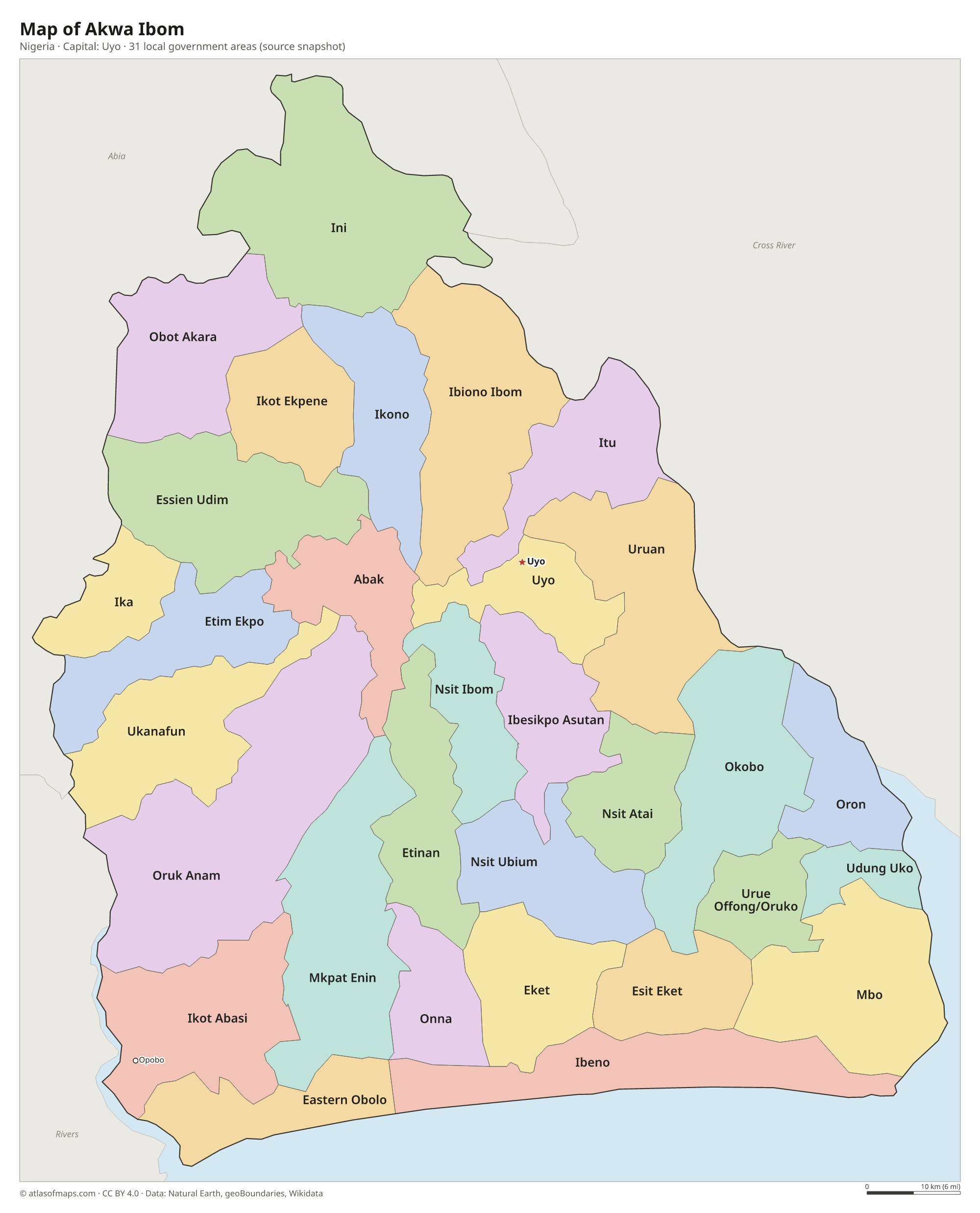 Map of Akwa Ibom with the capital Uyo, cities and local government areas
