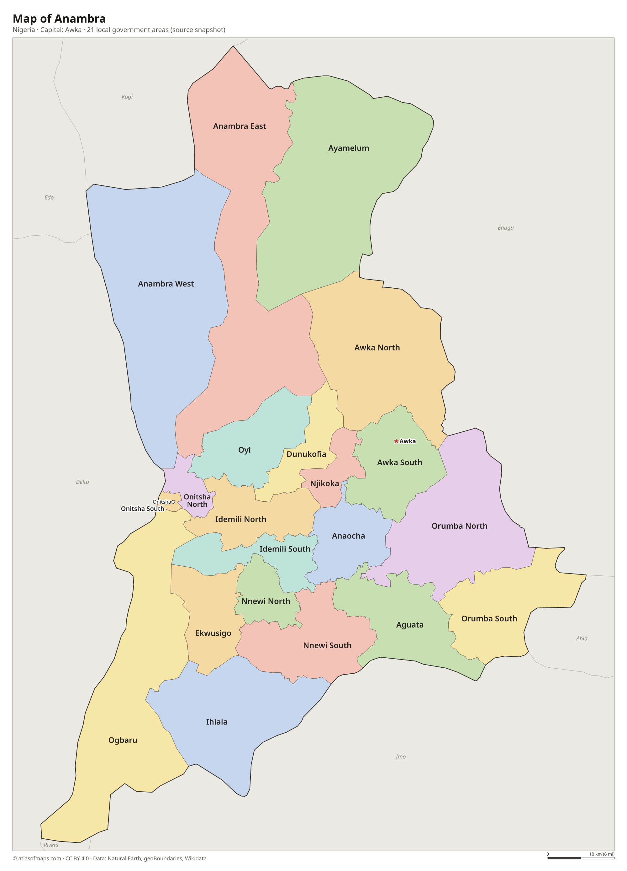 Map of Anambra with the capital Awka, cities and local government areas