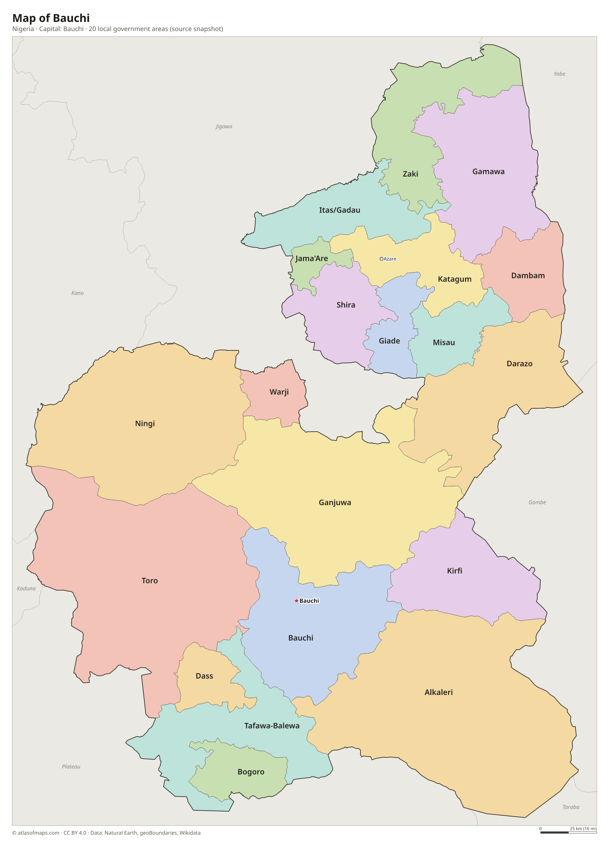 Map of Bauchi with the capital Bauchi, cities and local government areas