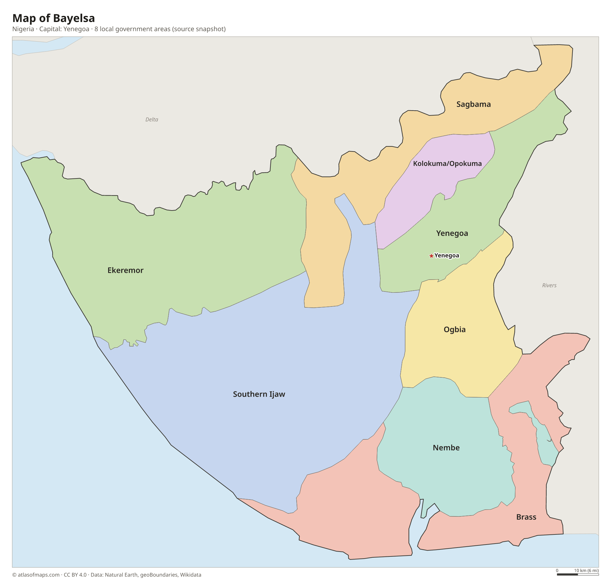 Map of Bayelsa with the capital Yenegoa, cities and local government areas