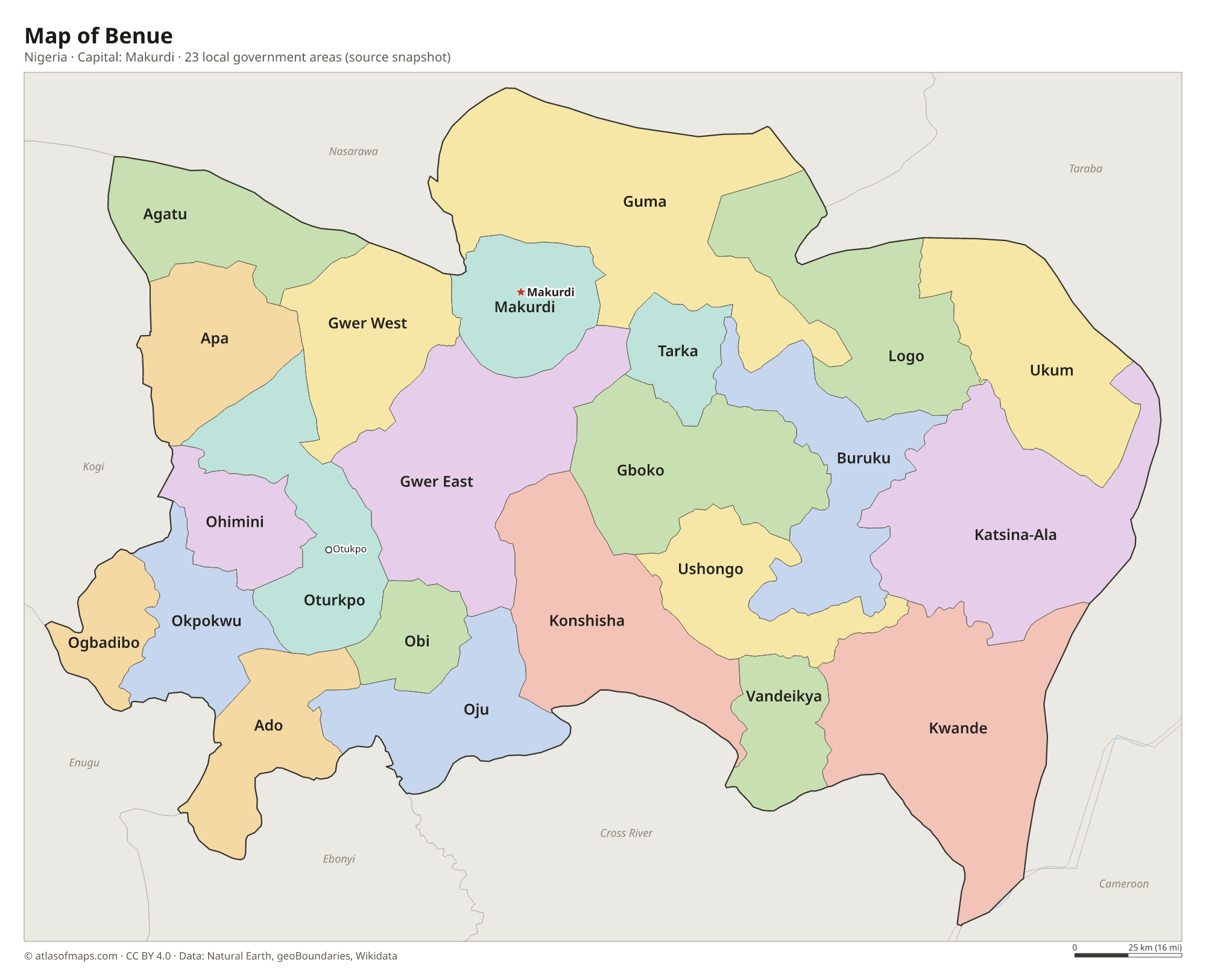 Map of Benue with the capital Makurdi, cities and local government areas