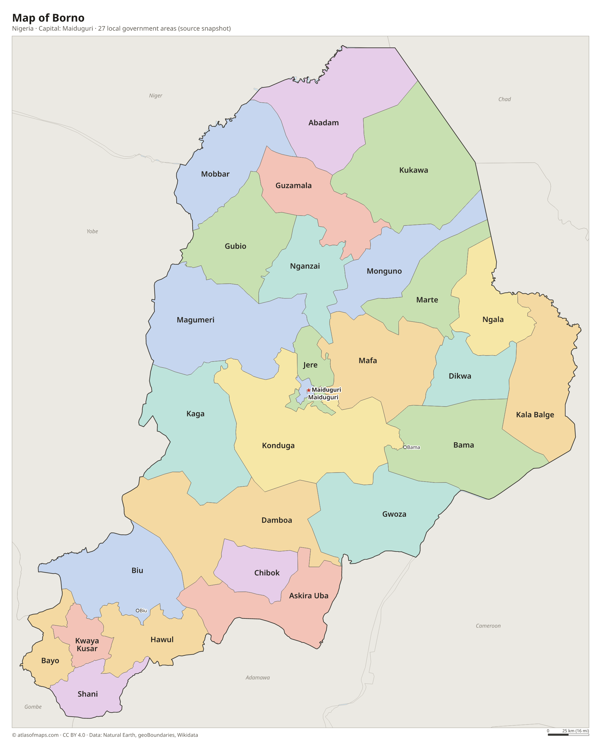 Map of Borno with the capital Maiduguri, cities and local government areas