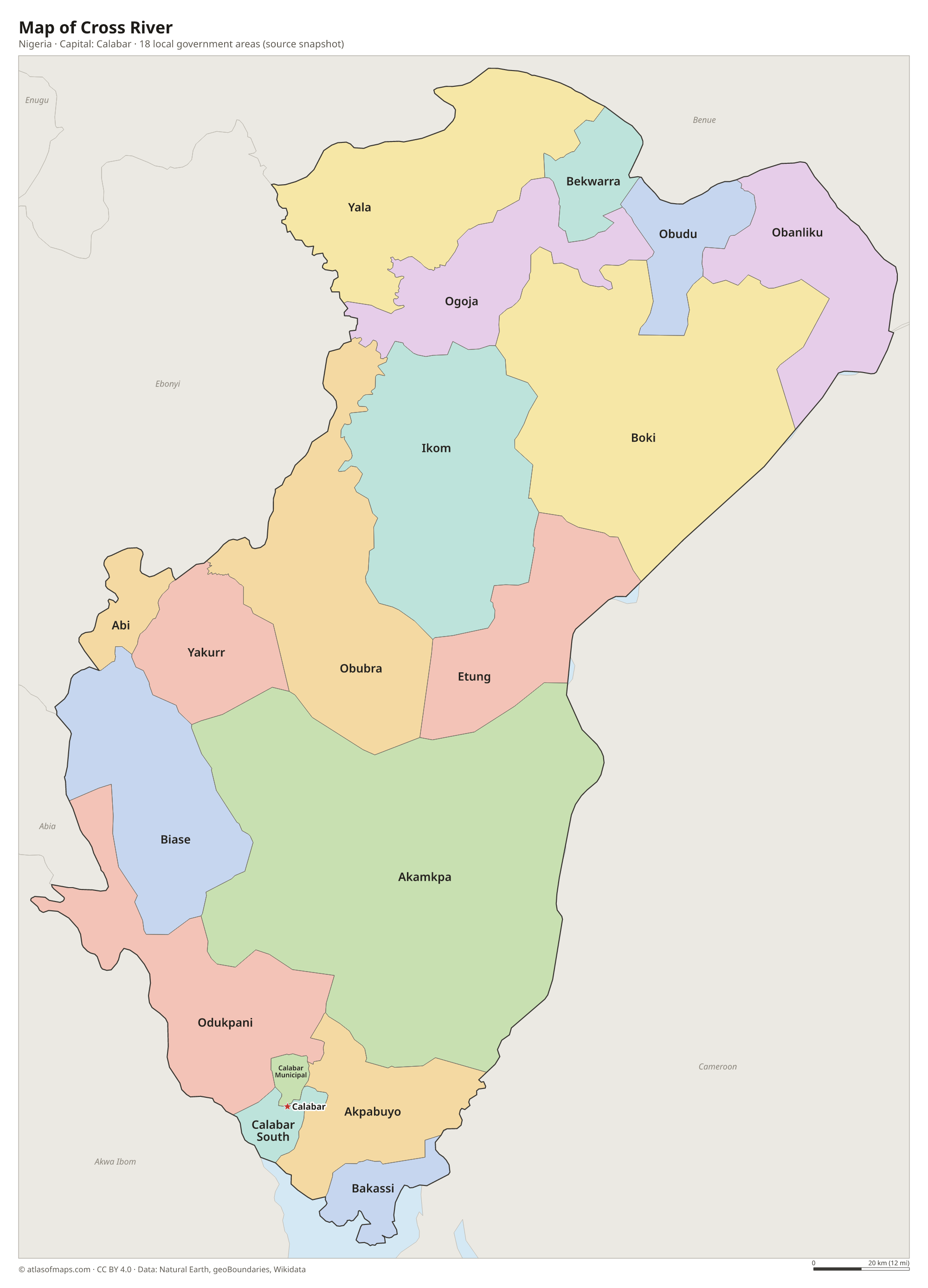 Map of Cross River with the capital Calabar, cities and local government areas