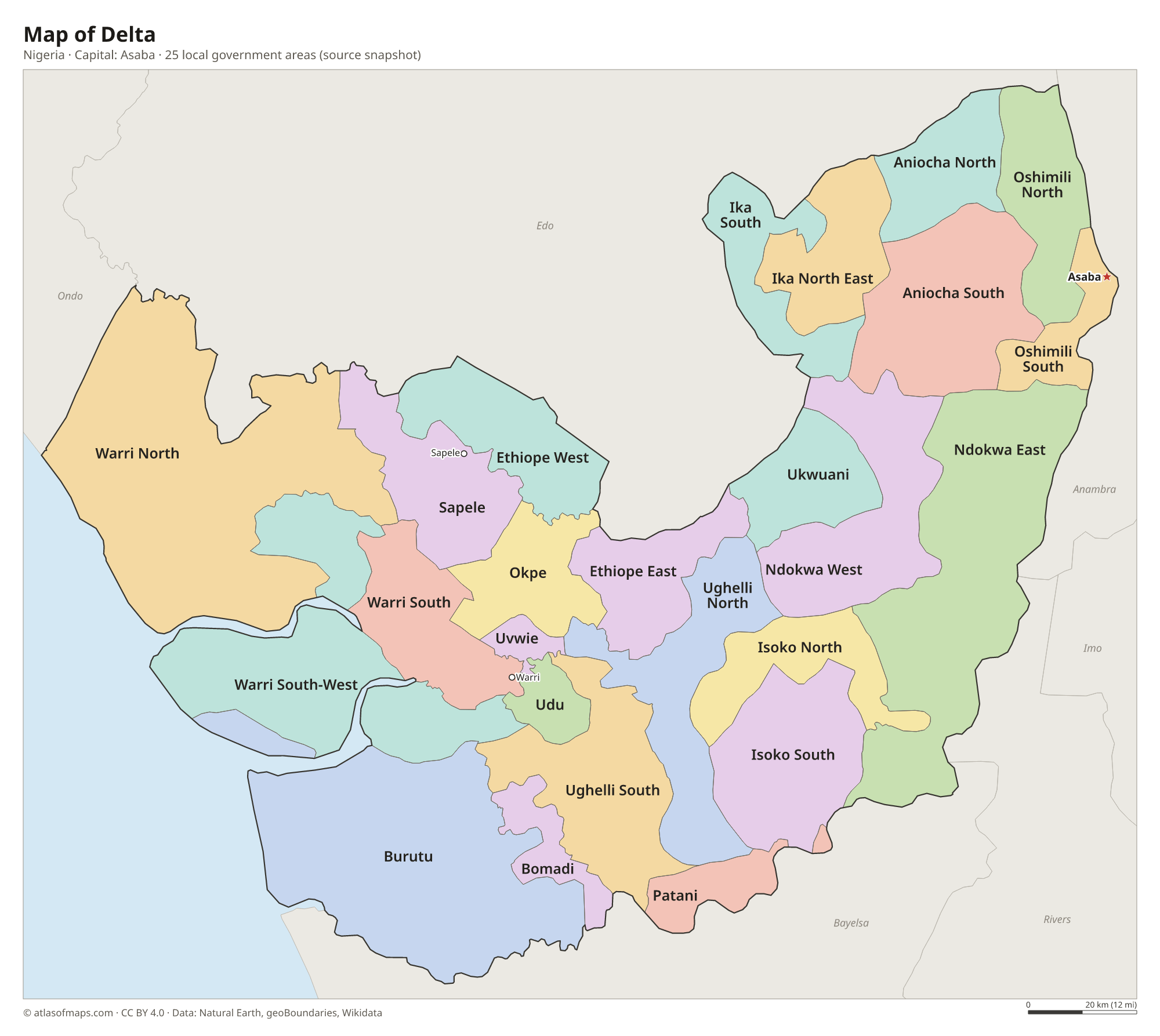 Map of Delta with the capital Asaba, cities and local government areas